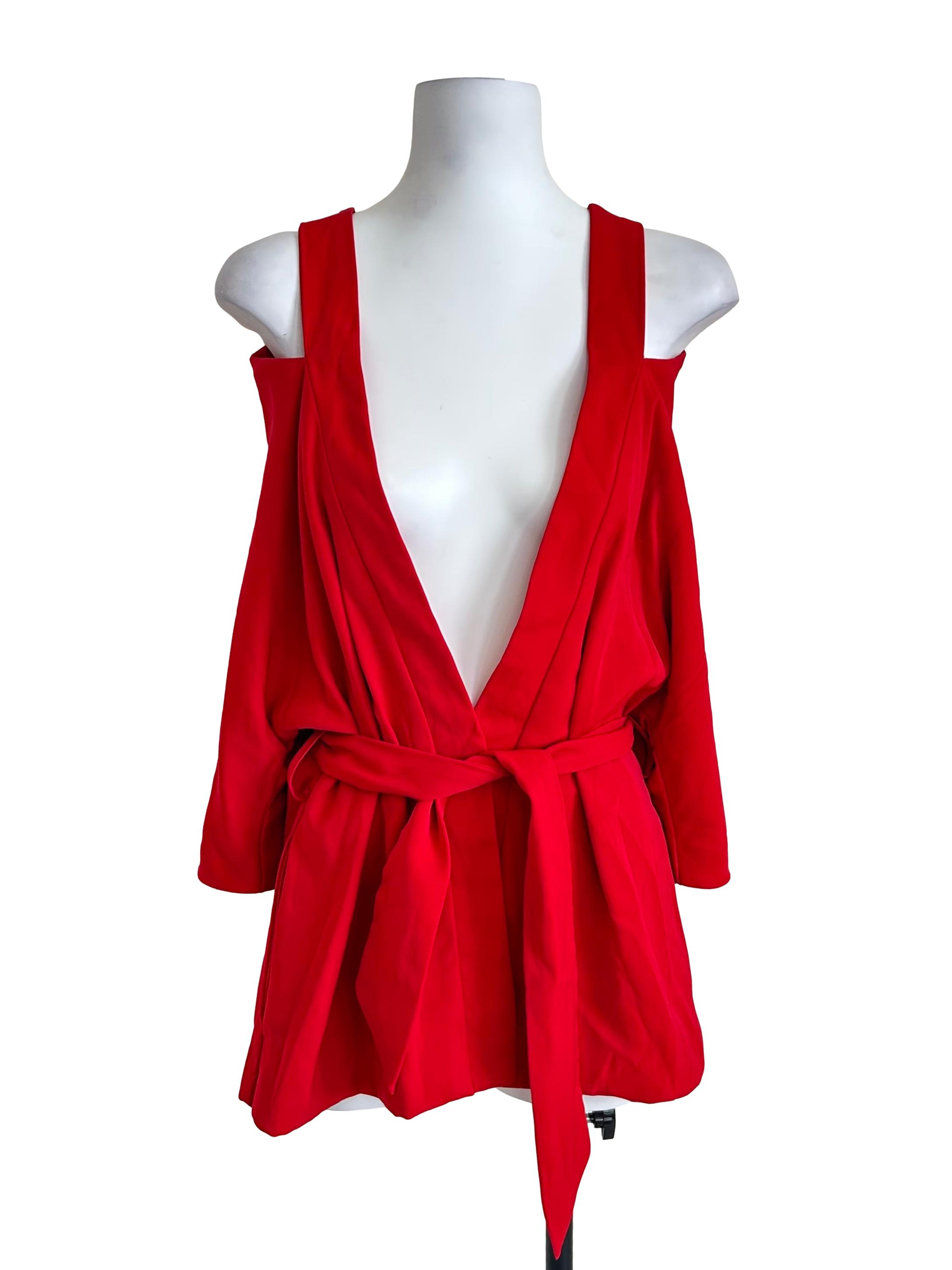 Red Cold-Shoulder Belted Cardigan