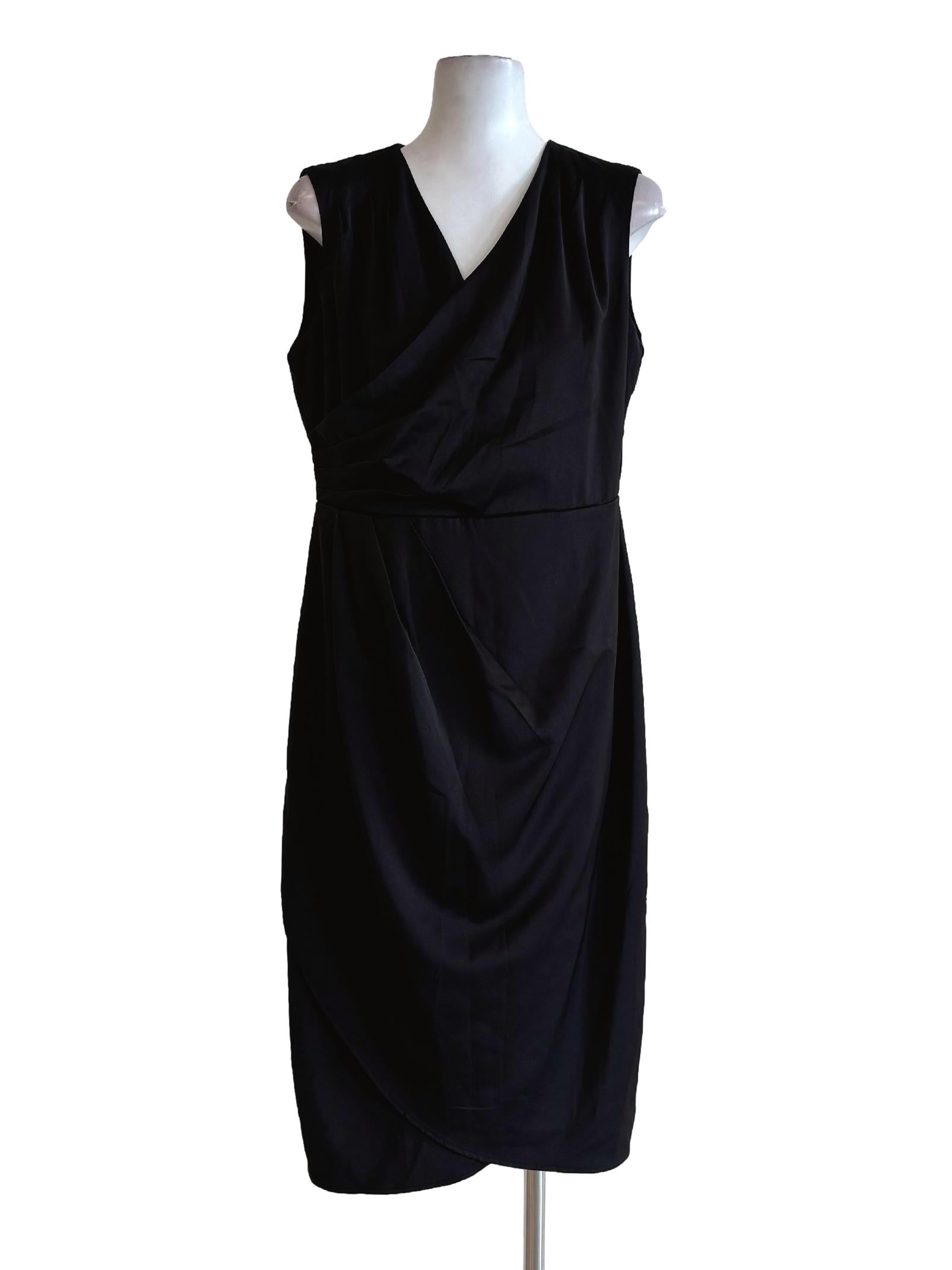 Shiny Black Surplice Sleeveless Pencil Dress