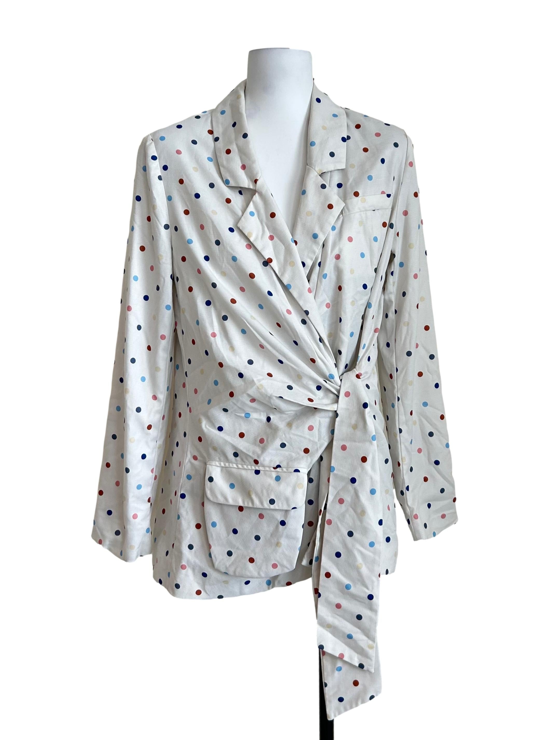 White Polka-Dot Asymmetric Wrap Blazer