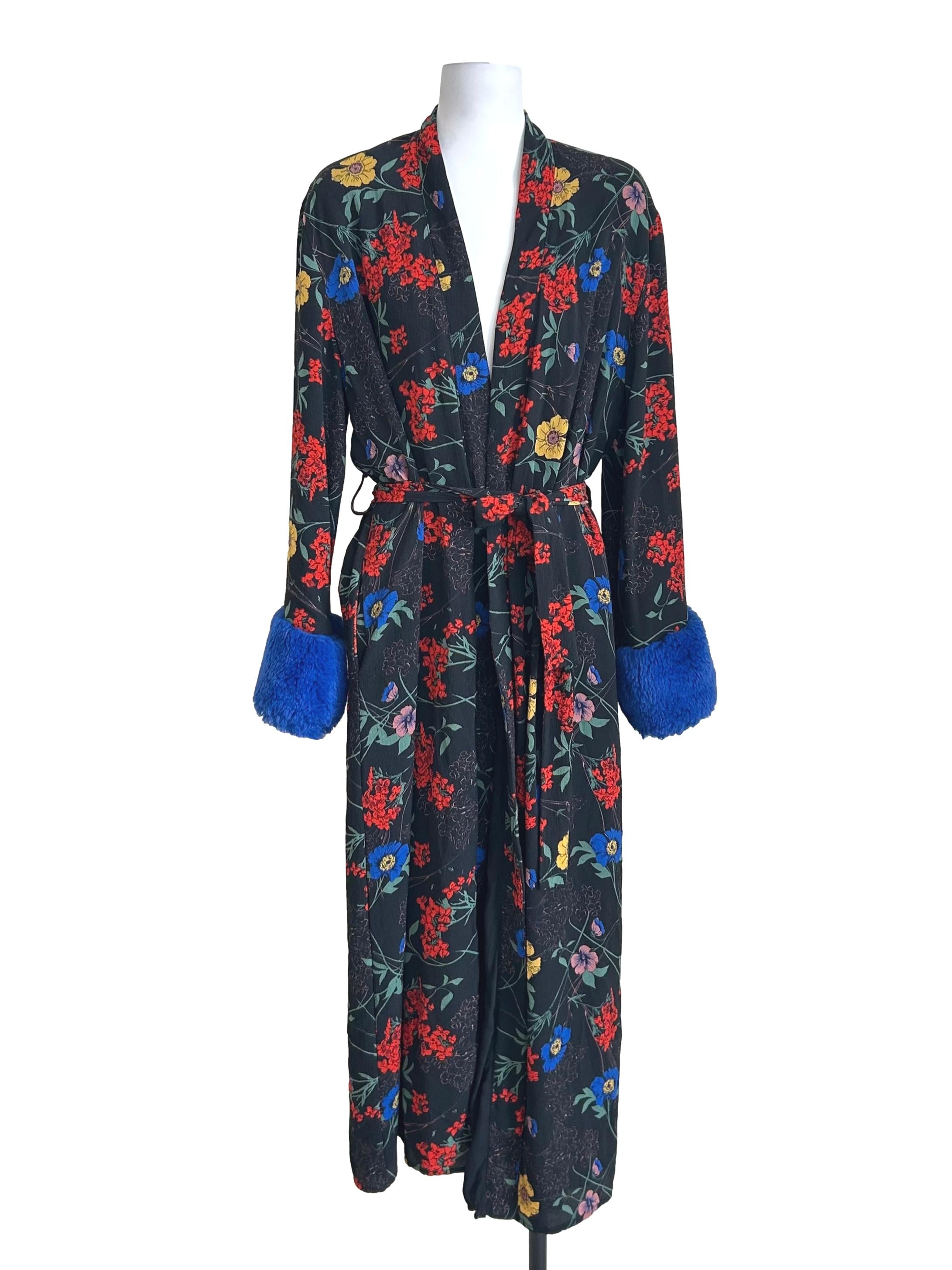 Black Floral Blue Cuffs Robe