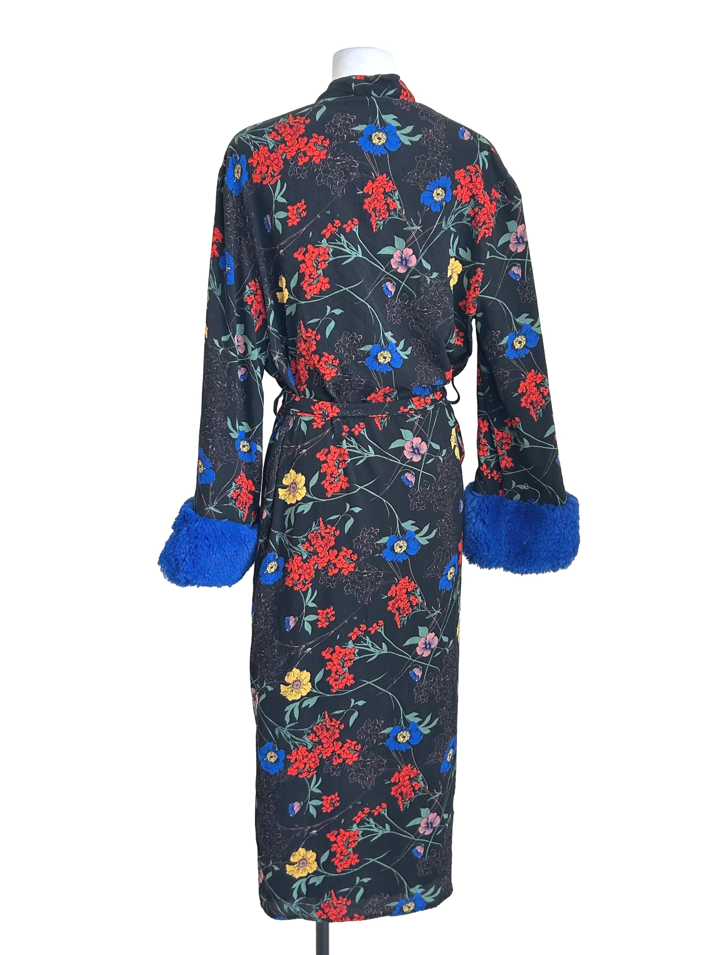 Black Floral Blue Cuffs Robe