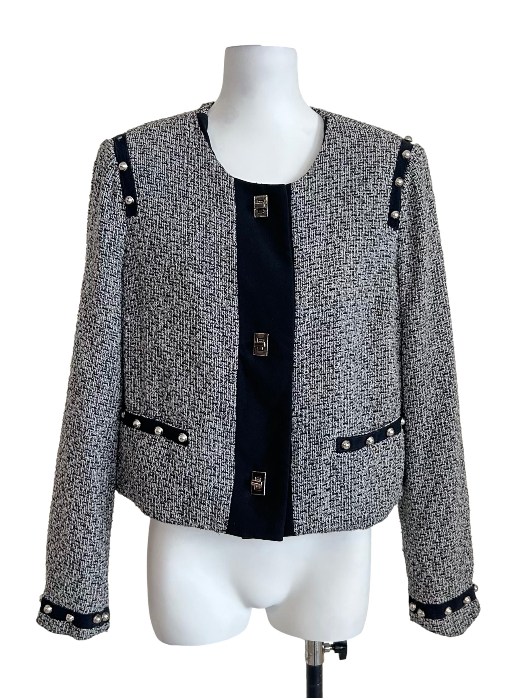 Black And White Tweed Studded Trim Jacket