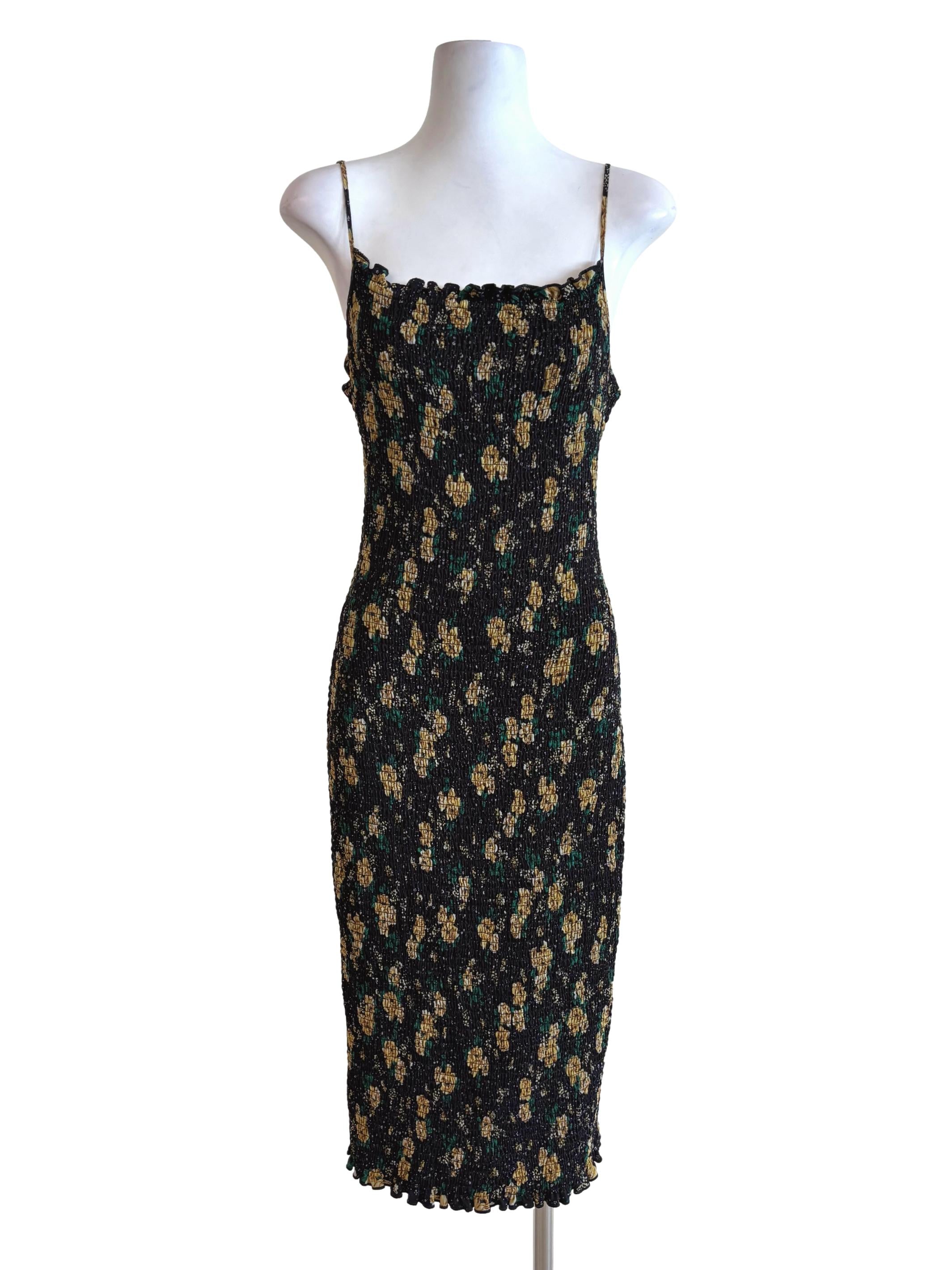 Jet Black Yellow Floral Smock Bodycon Dress