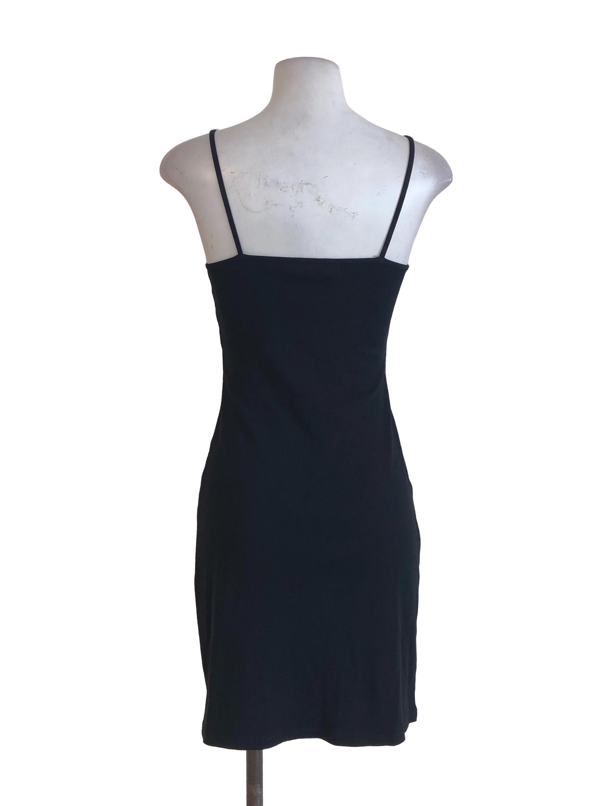 Black Ribbed Spaghetti Strap Bra Cup Slip Dress