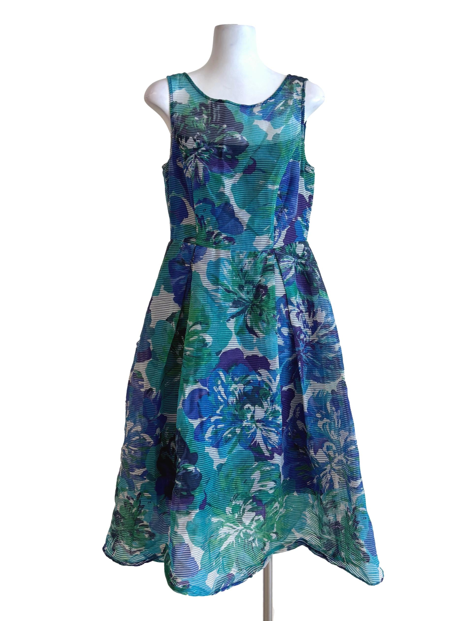 Blue Green Floral Patterned A-Line Dress