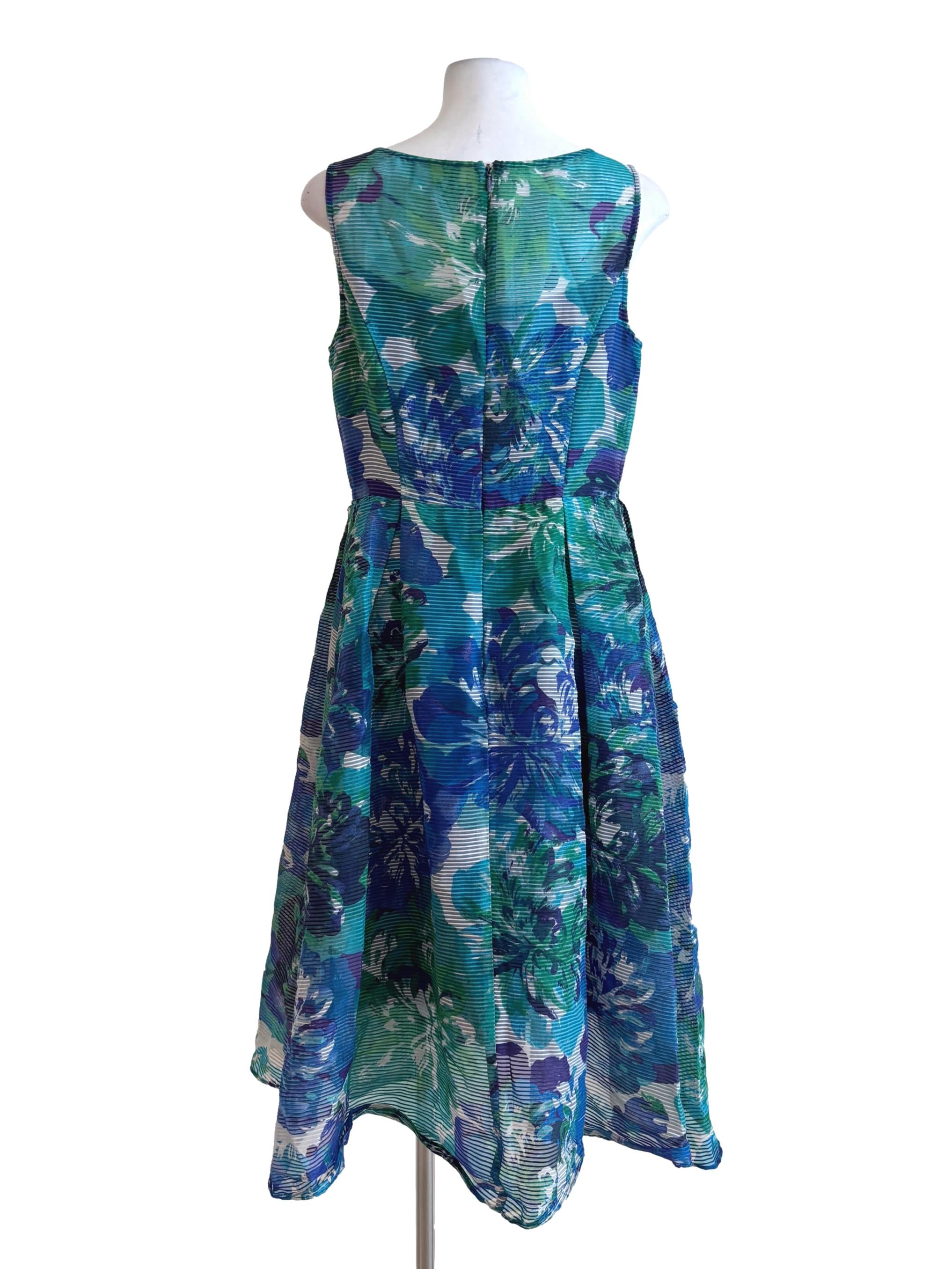 Blue Green Floral Patterned A-Line Dress
