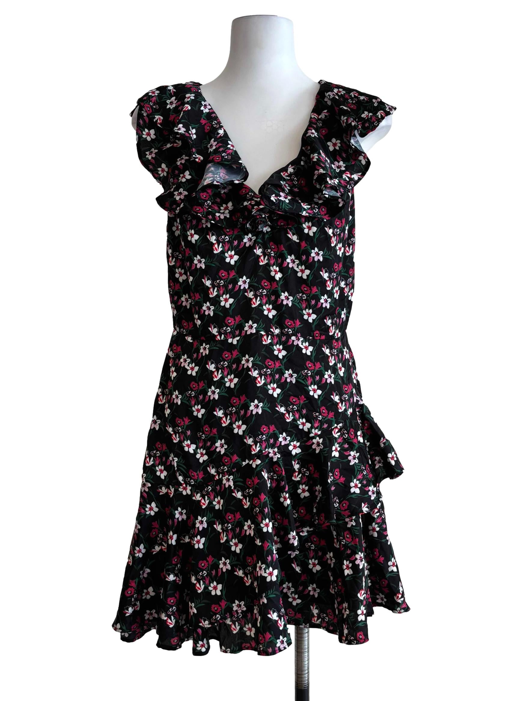 Night Black Floral Ruffle Dress