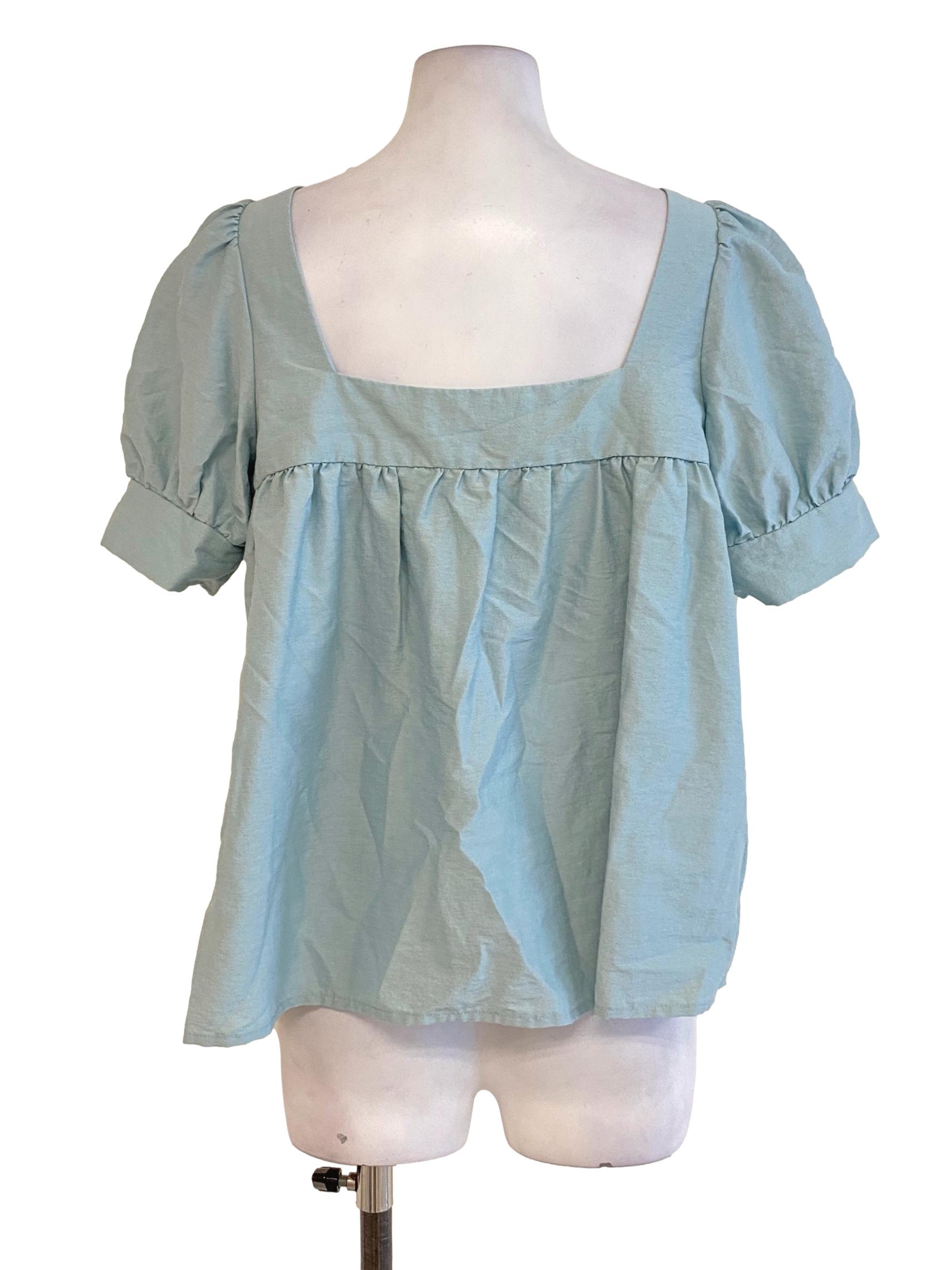 Pastel Blue Peasant Sleeve Square Neck Top LB