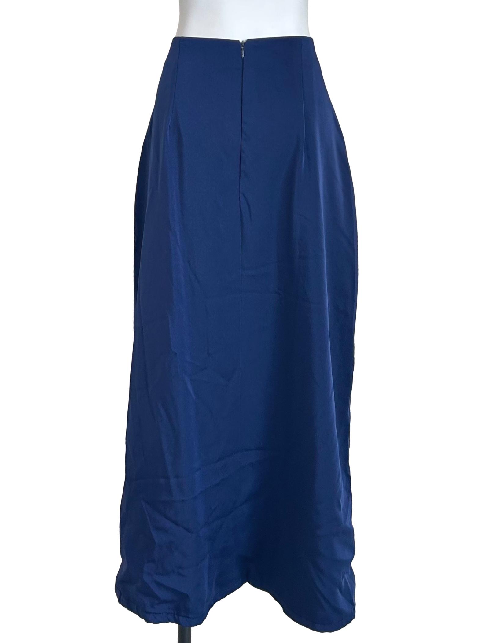 Navy Blue Button-Front Midi Skirt