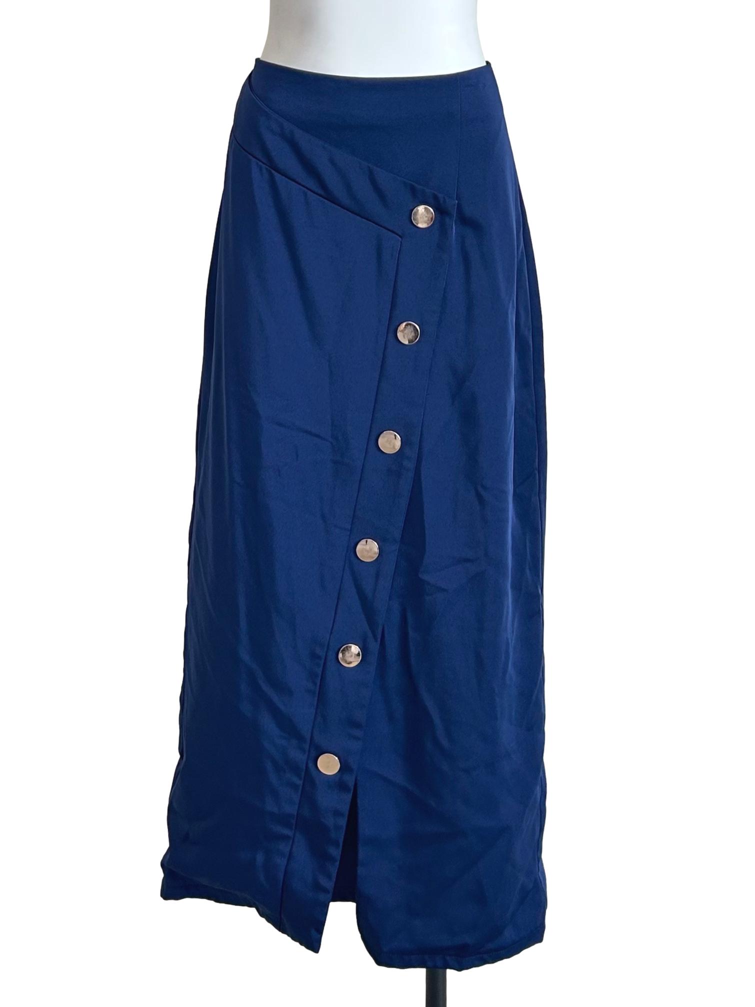 Navy Blue Button-Front Midi Skirt
