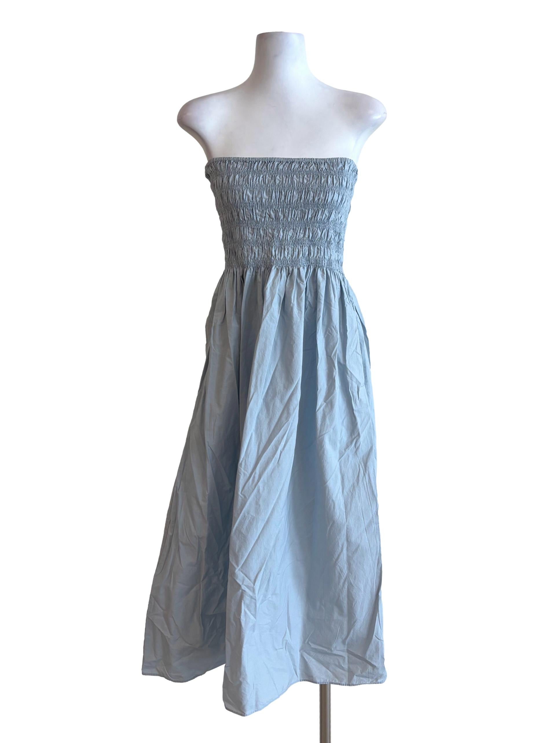 Baby Blue Strapless Smocked Waist Cotton Dress