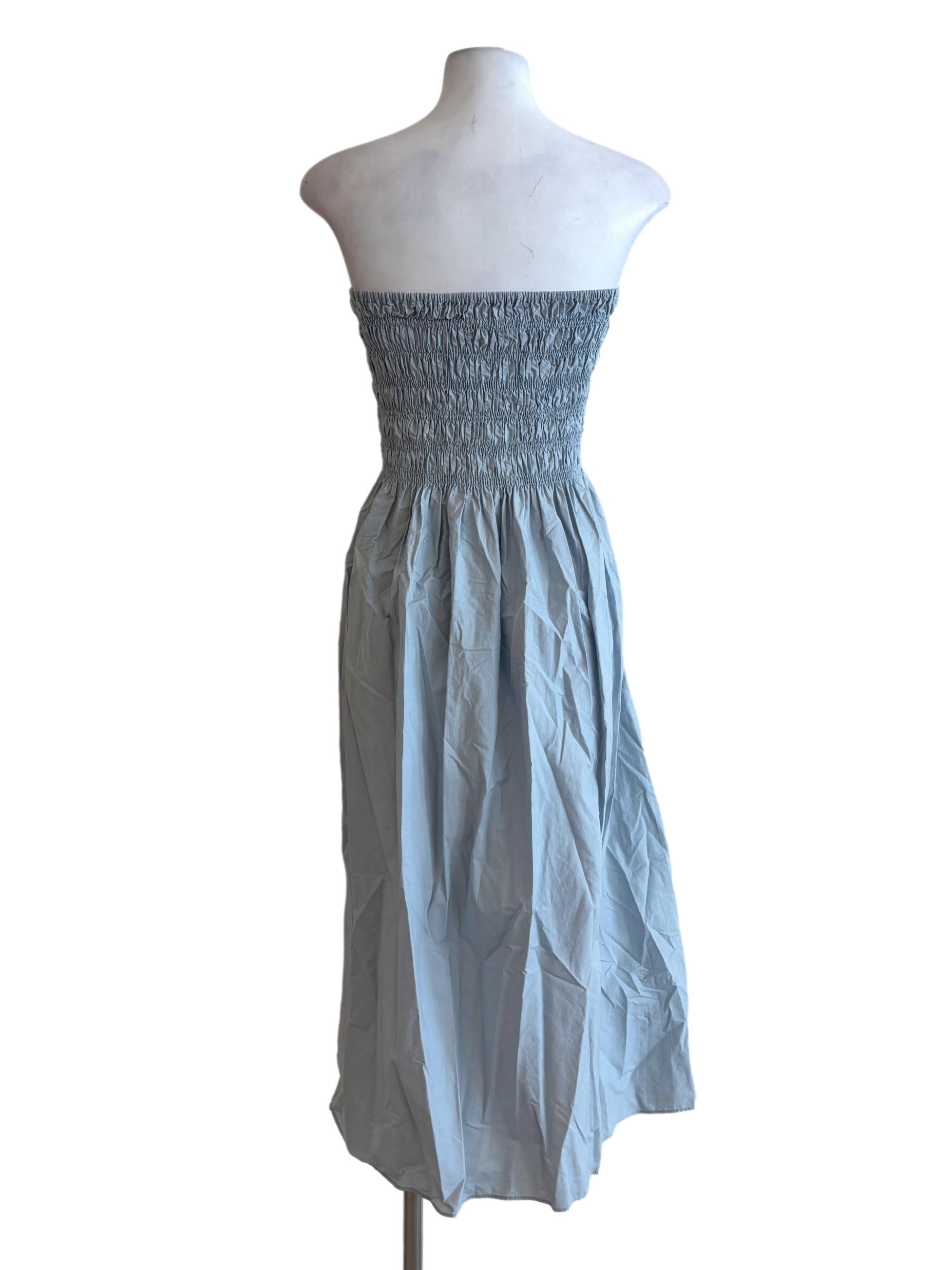 Baby Blue Strapless Smocked Waist Cotton Dress