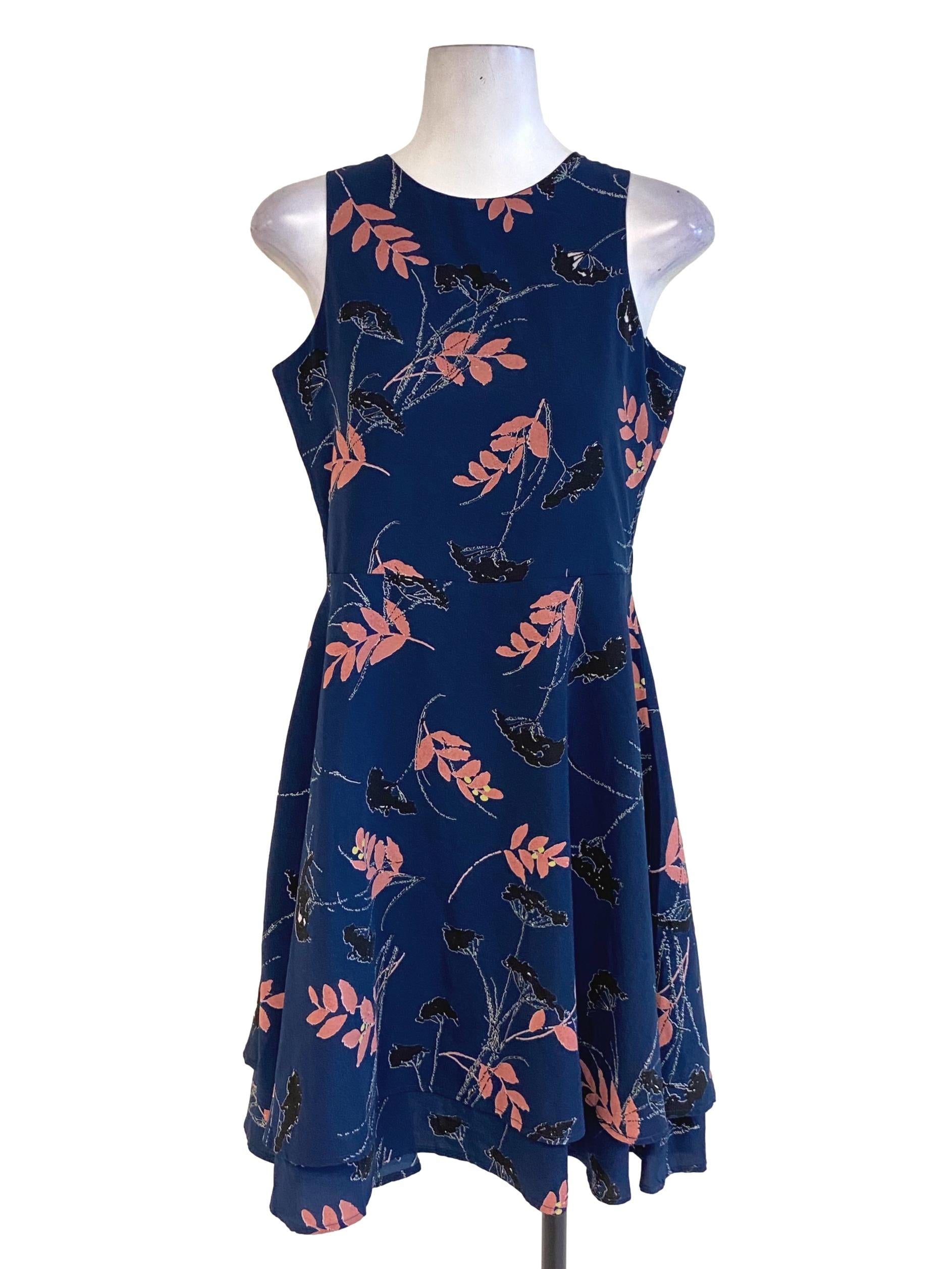 Navy Blue Pink Floral A-Line Dress LB