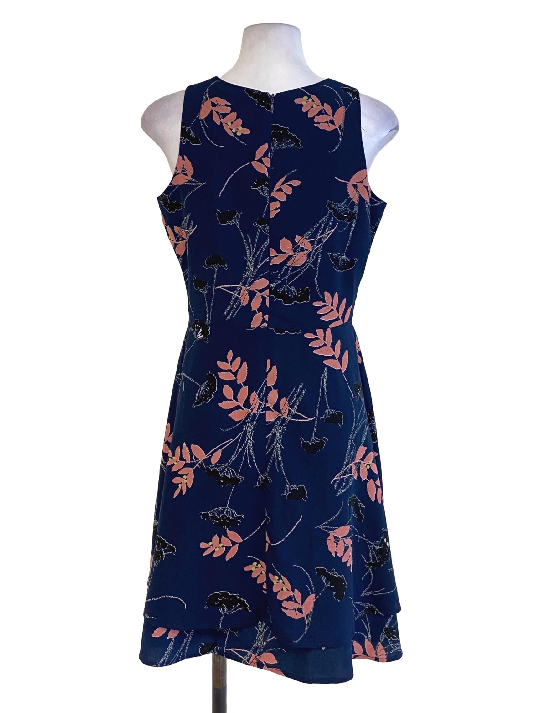 Navy Blue Pink Floral A-Line Dress LB