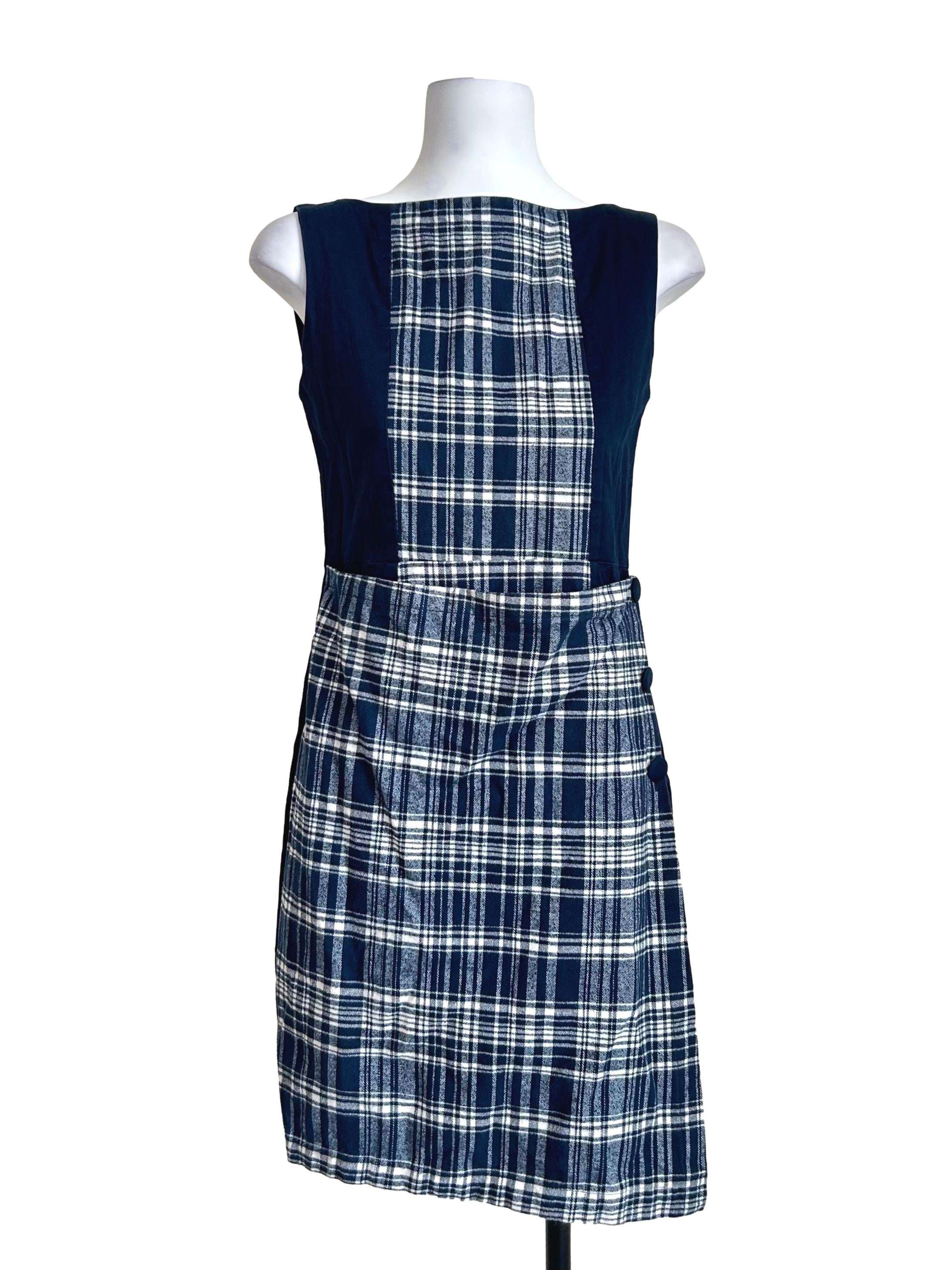 Navy Plaid Panel Pinafore Dress