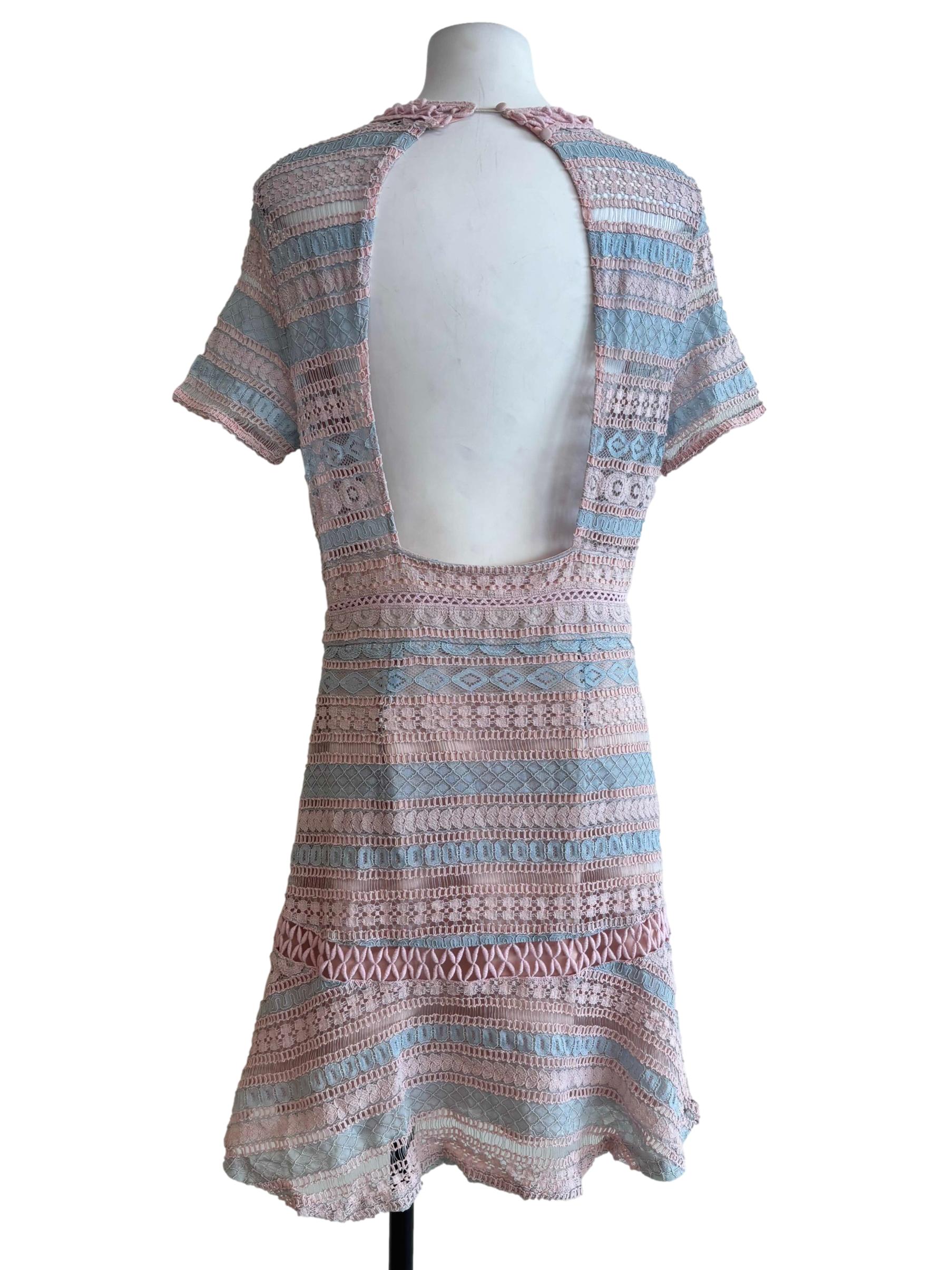 Silver Blue And Nude Pink Backless Lace Dress