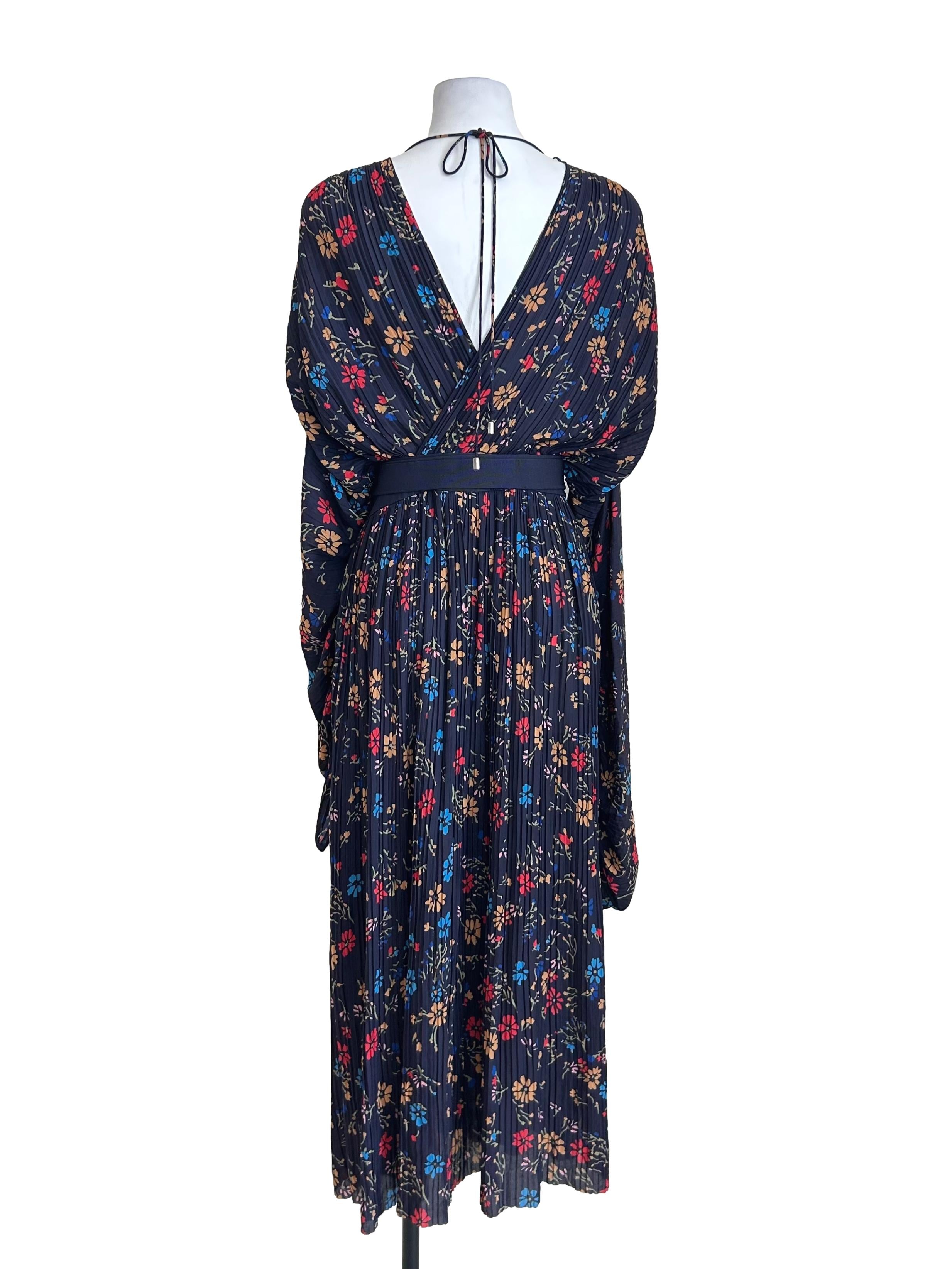Navy Floral Pleated Maxi Dress