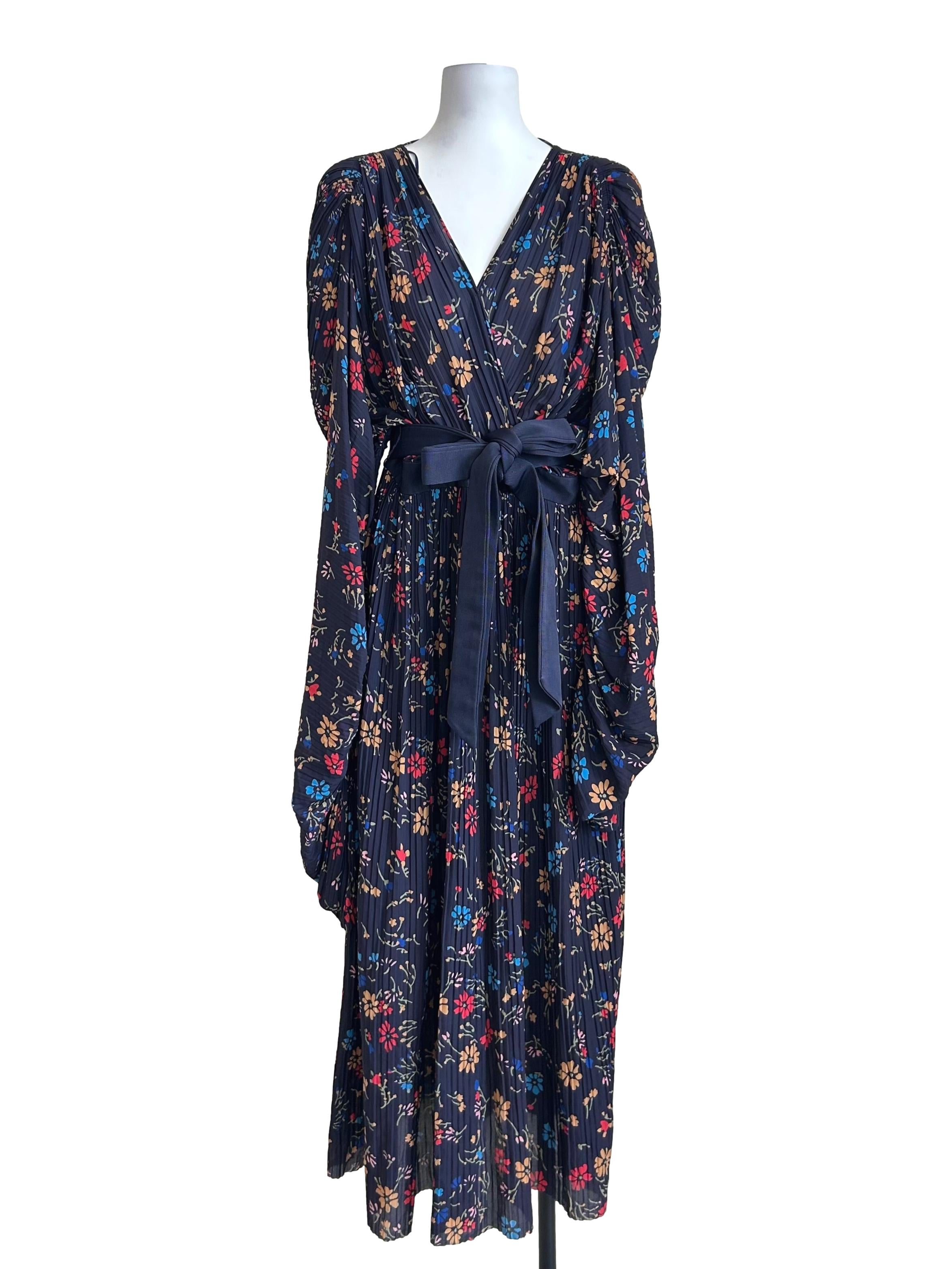 Navy Floral Pleated Maxi Dress