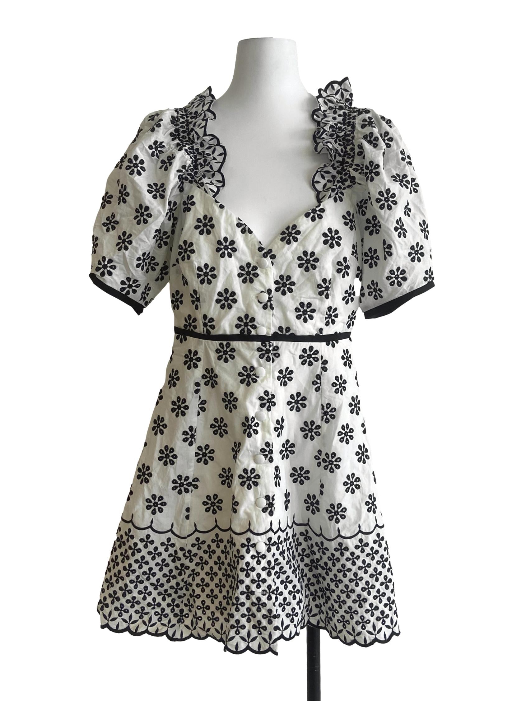 White & Black Floral Embroidery A-Line Dress