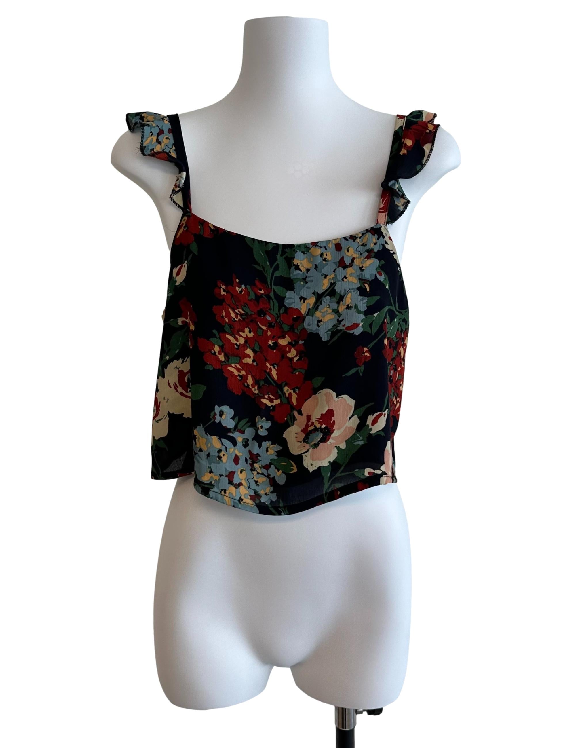 Onyx Black Floral Pattern Ruffle Strap Top