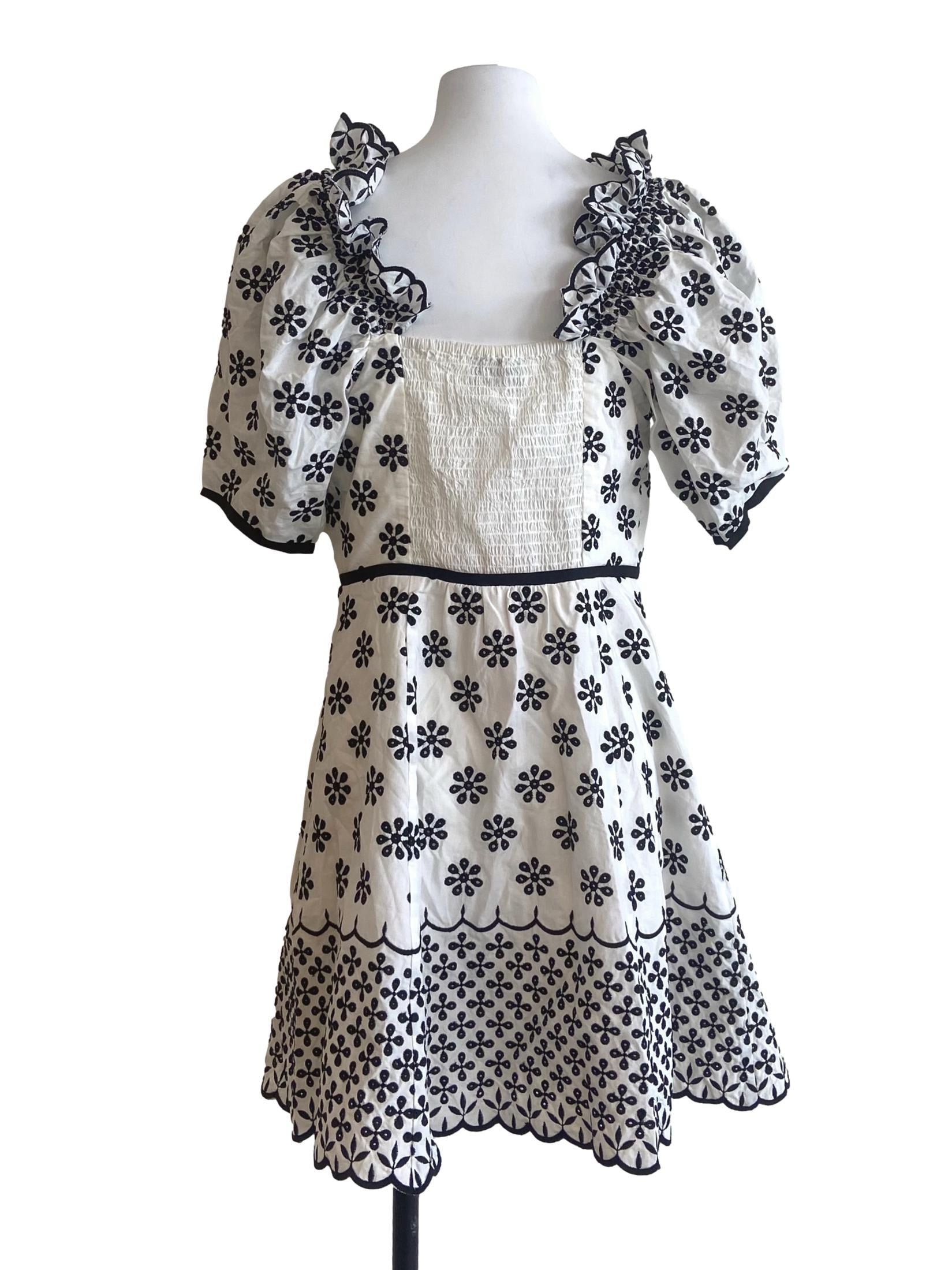 White & Black Floral Embroidery A-Line Dress