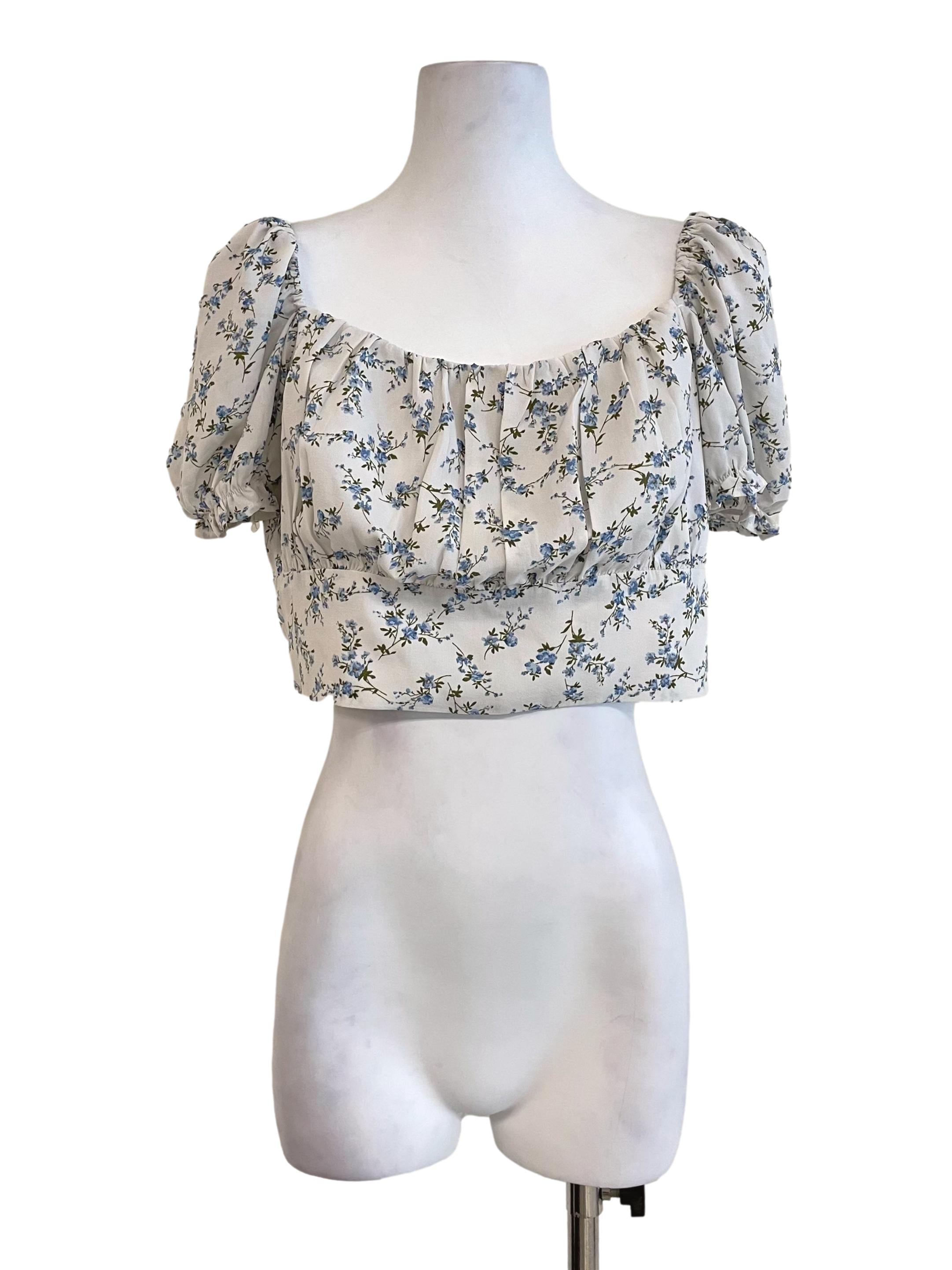 Off White Floral Puff Sleeves Crop Top