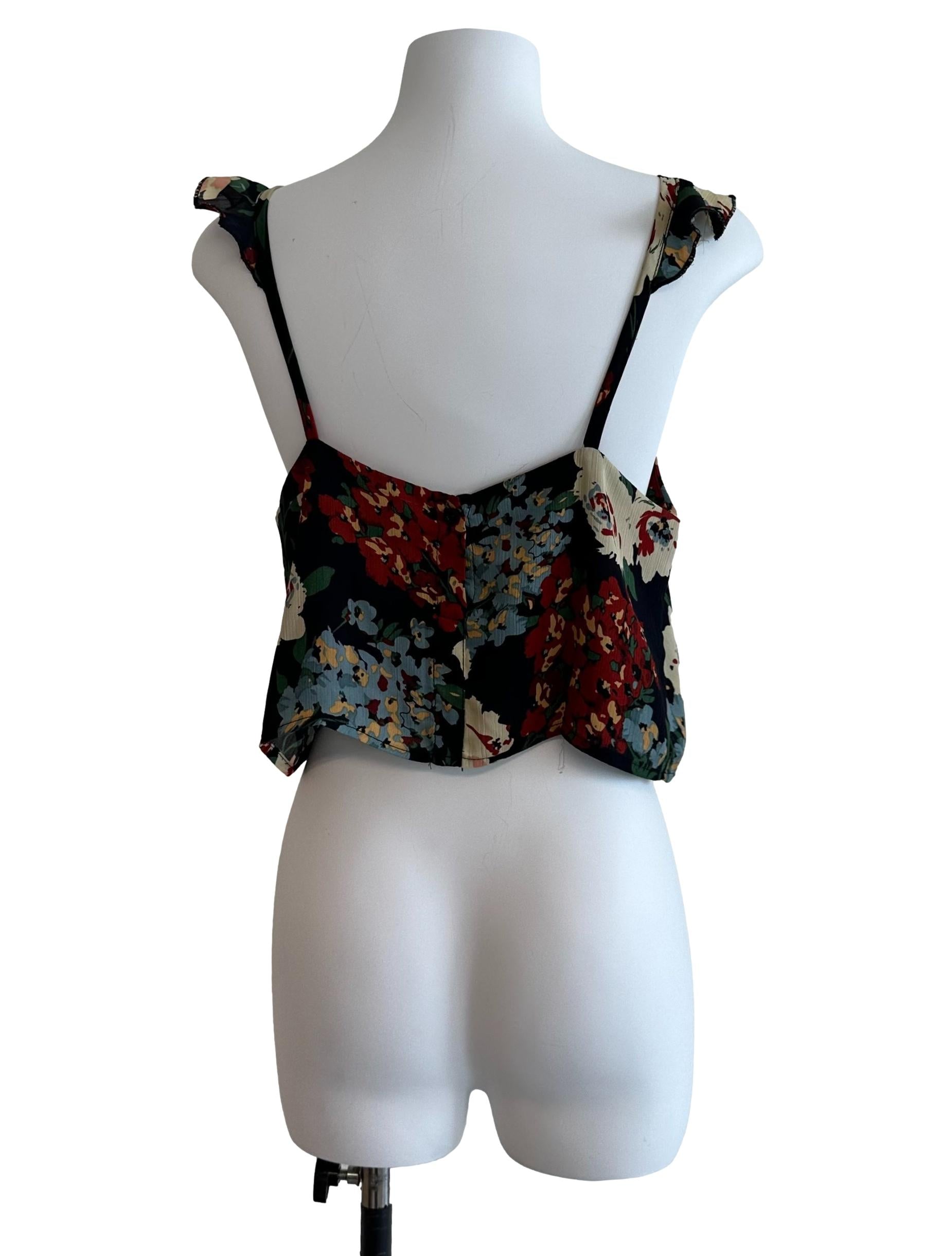 Onyx Black Floral Pattern Ruffle Strap Top