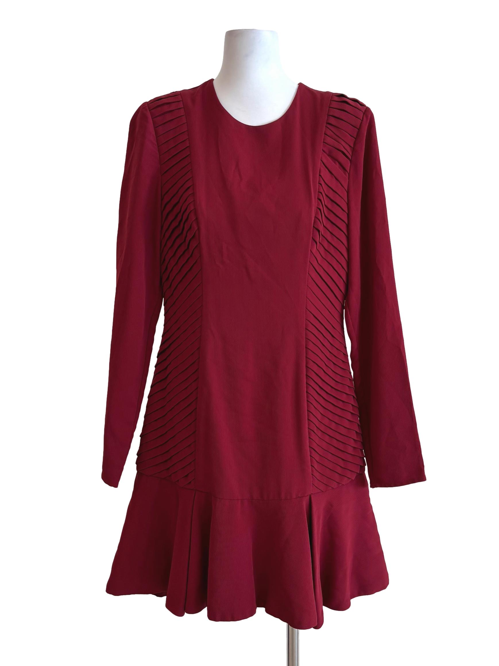 Carmine Red Pleated Long Sleeve Peplum Dress