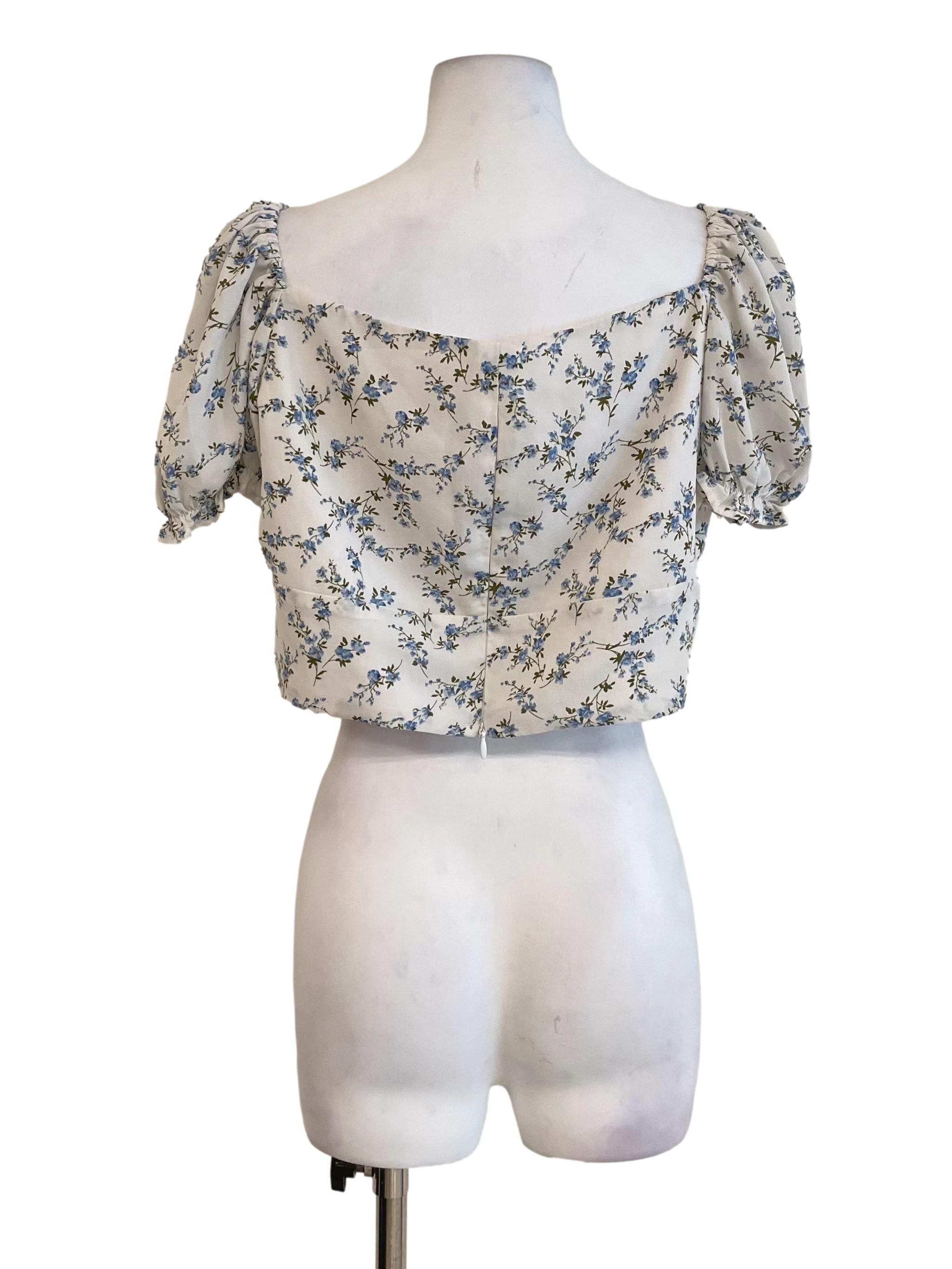 Off White Floral Puff Sleeves Crop Top