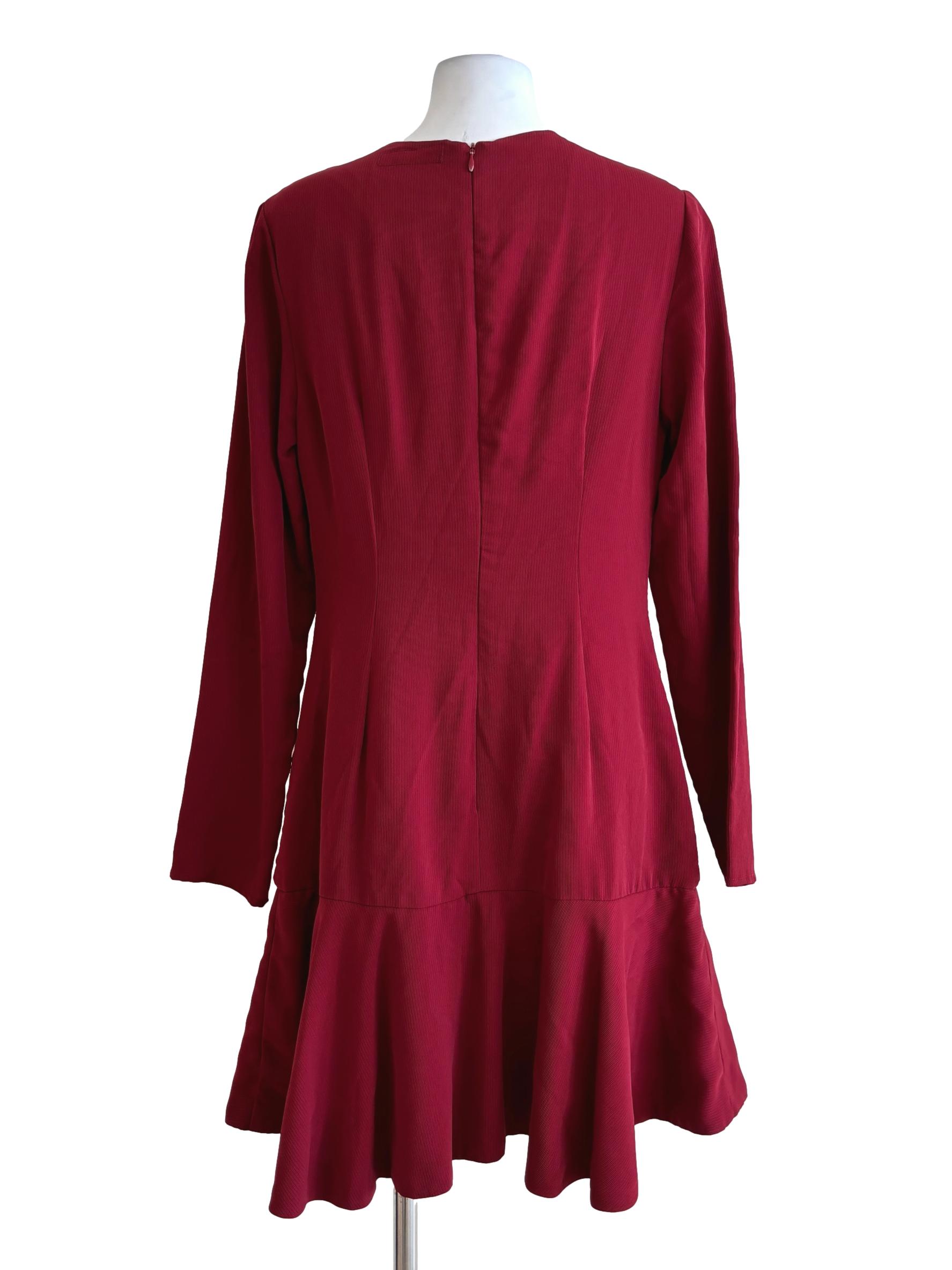 Carmine Red Pleated Long Sleeve Peplum Dress
