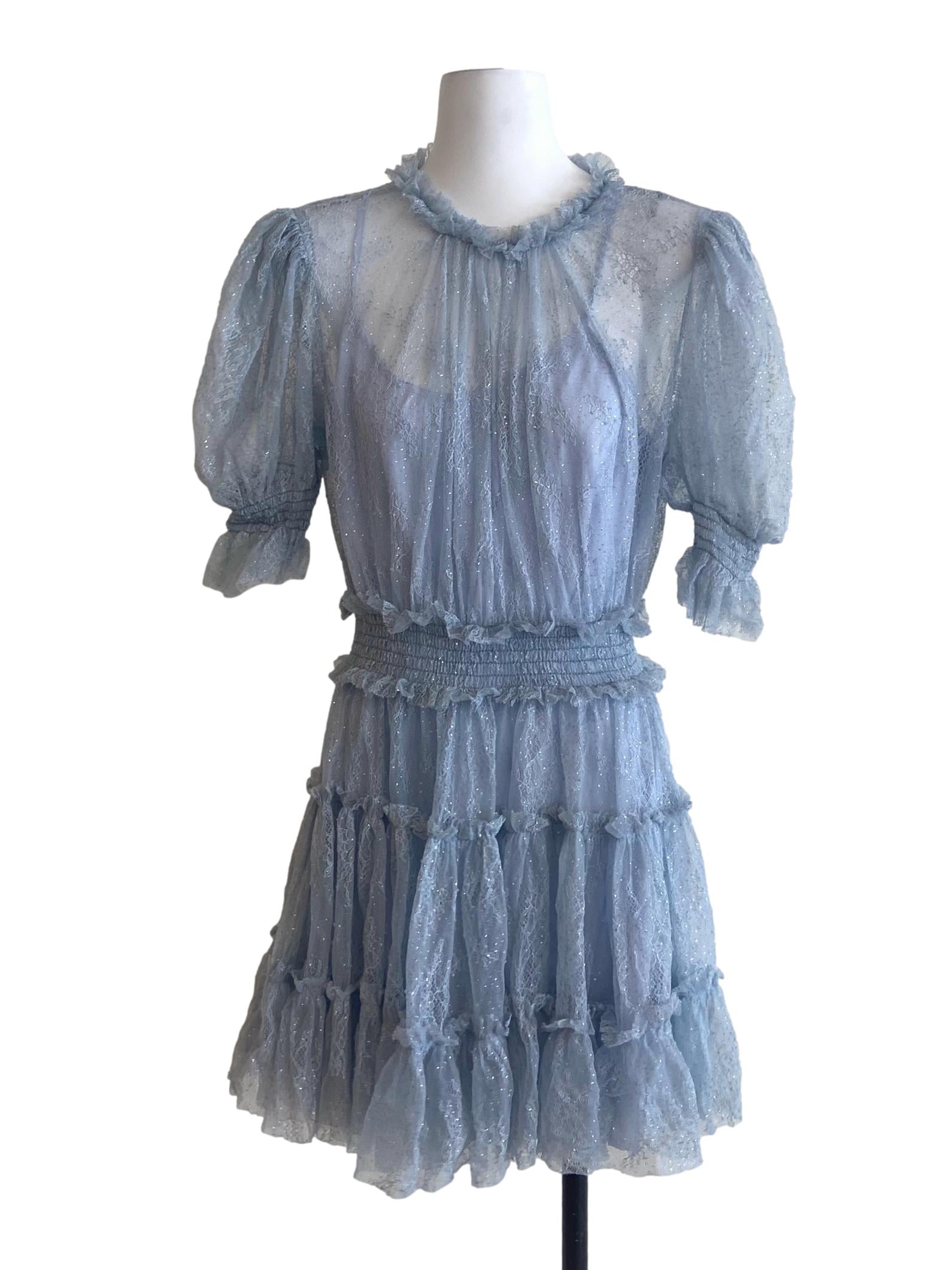 Blue Floral Lace Ruffled Layered Dress