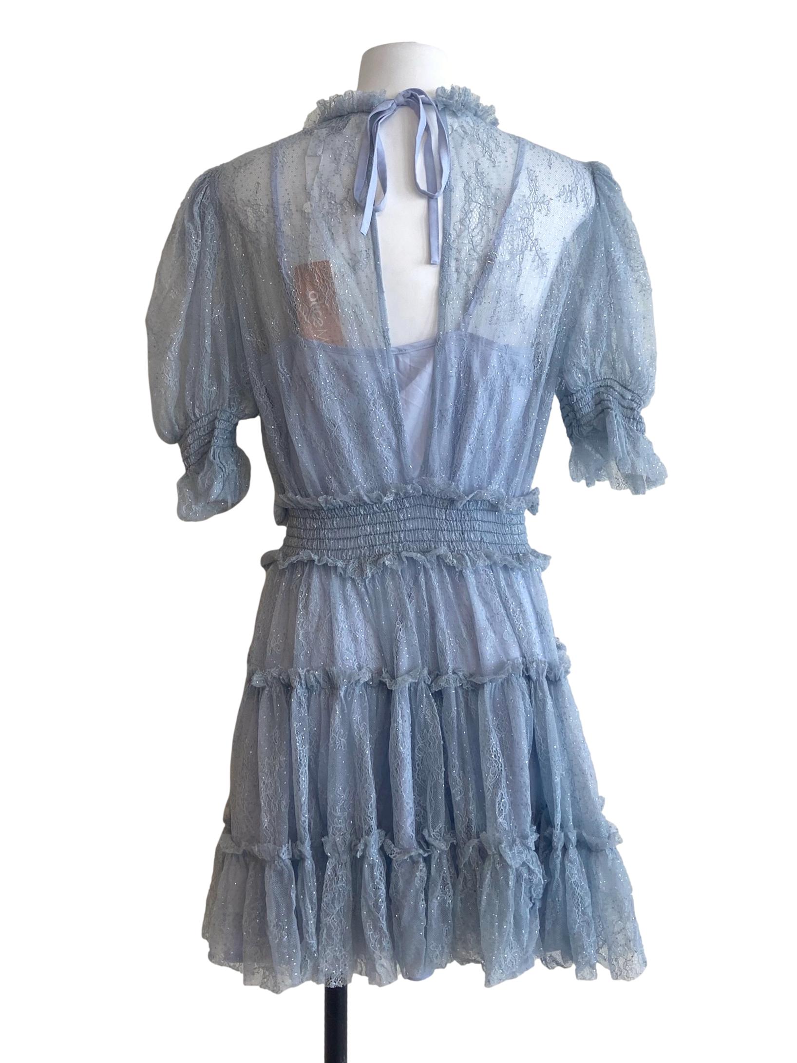 Blue Floral Lace Ruffled Layered Dress