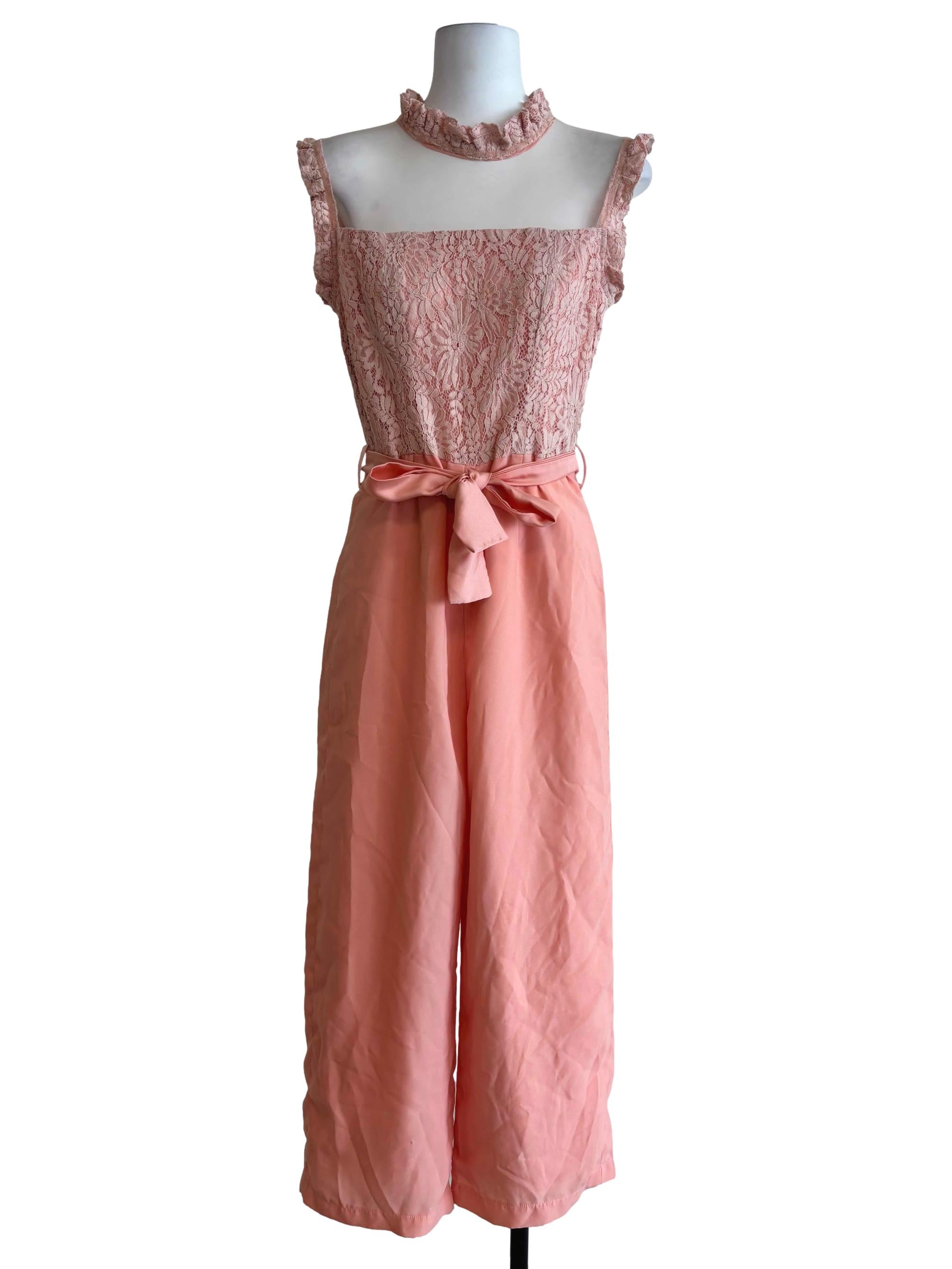 Salmon Pink Sheer Neck Jumpsuit