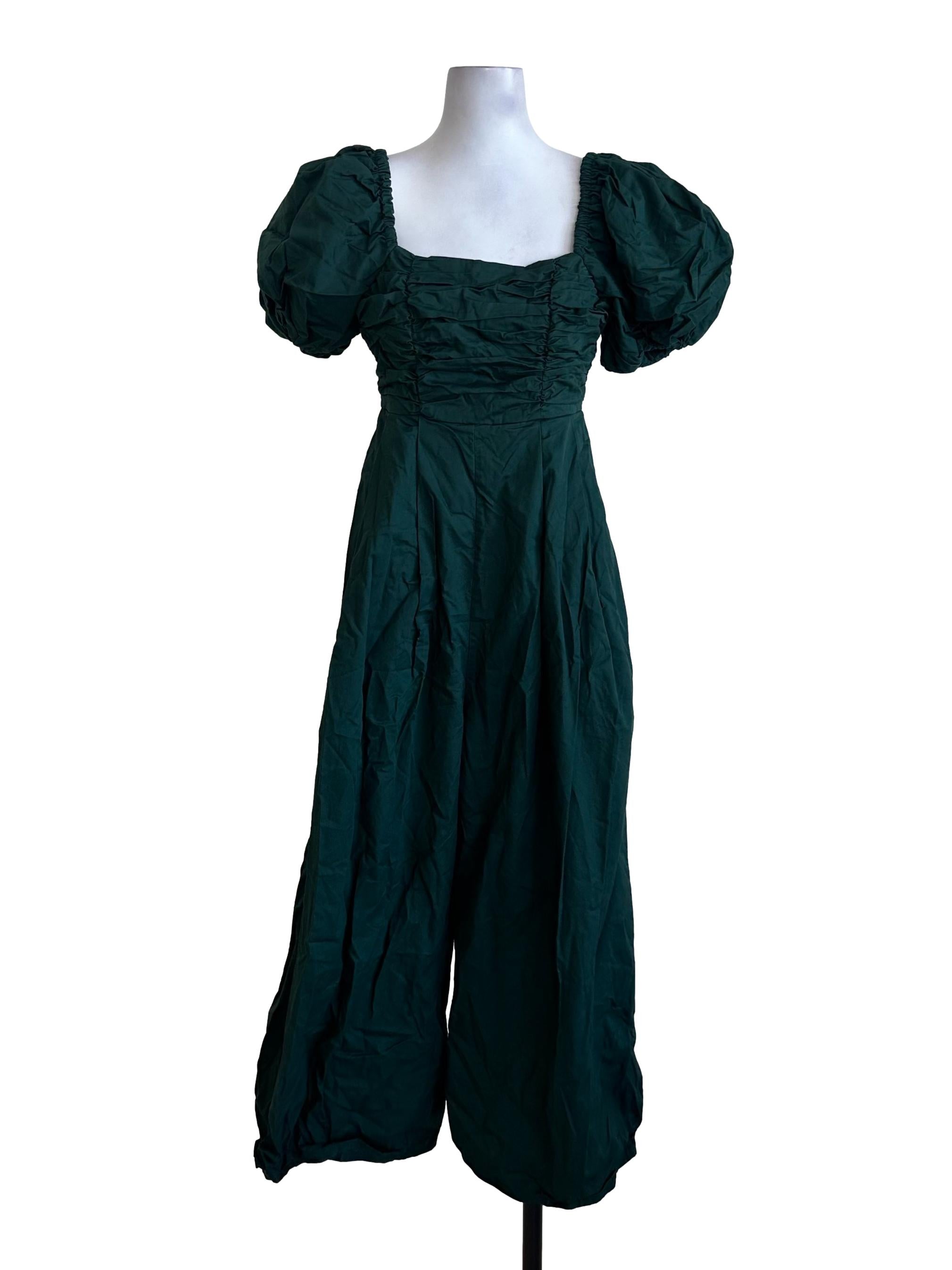 Dark Green Square Neck Puff Sleeve Jumpsuit