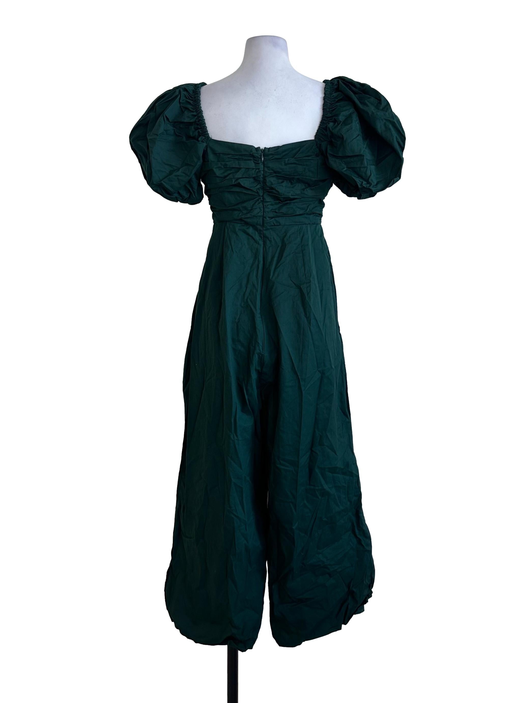 Dark Green Square Neck Puff Sleeve Jumpsuit