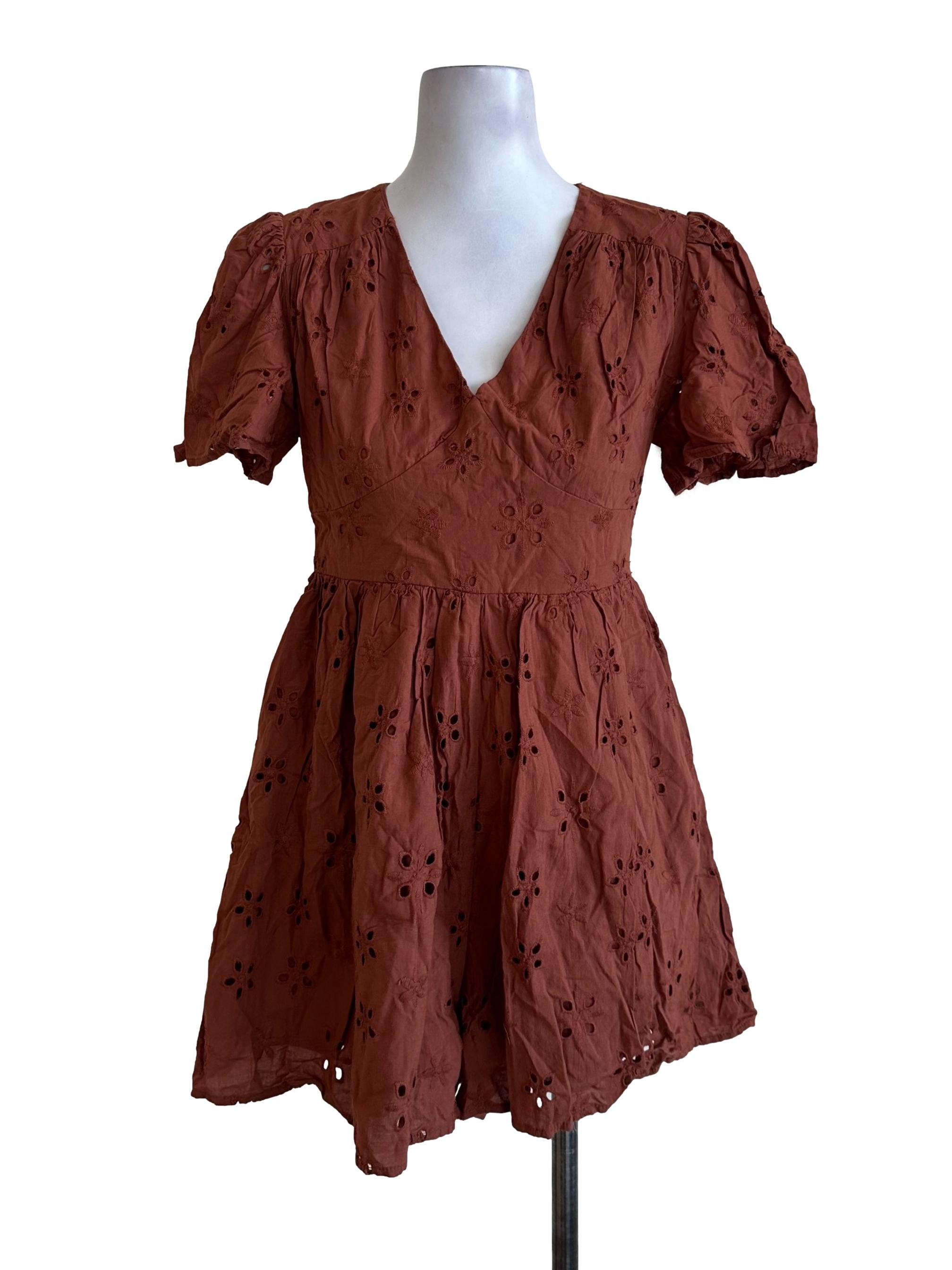 Rich Brown Eyelet Embroidery V Neck Rompers