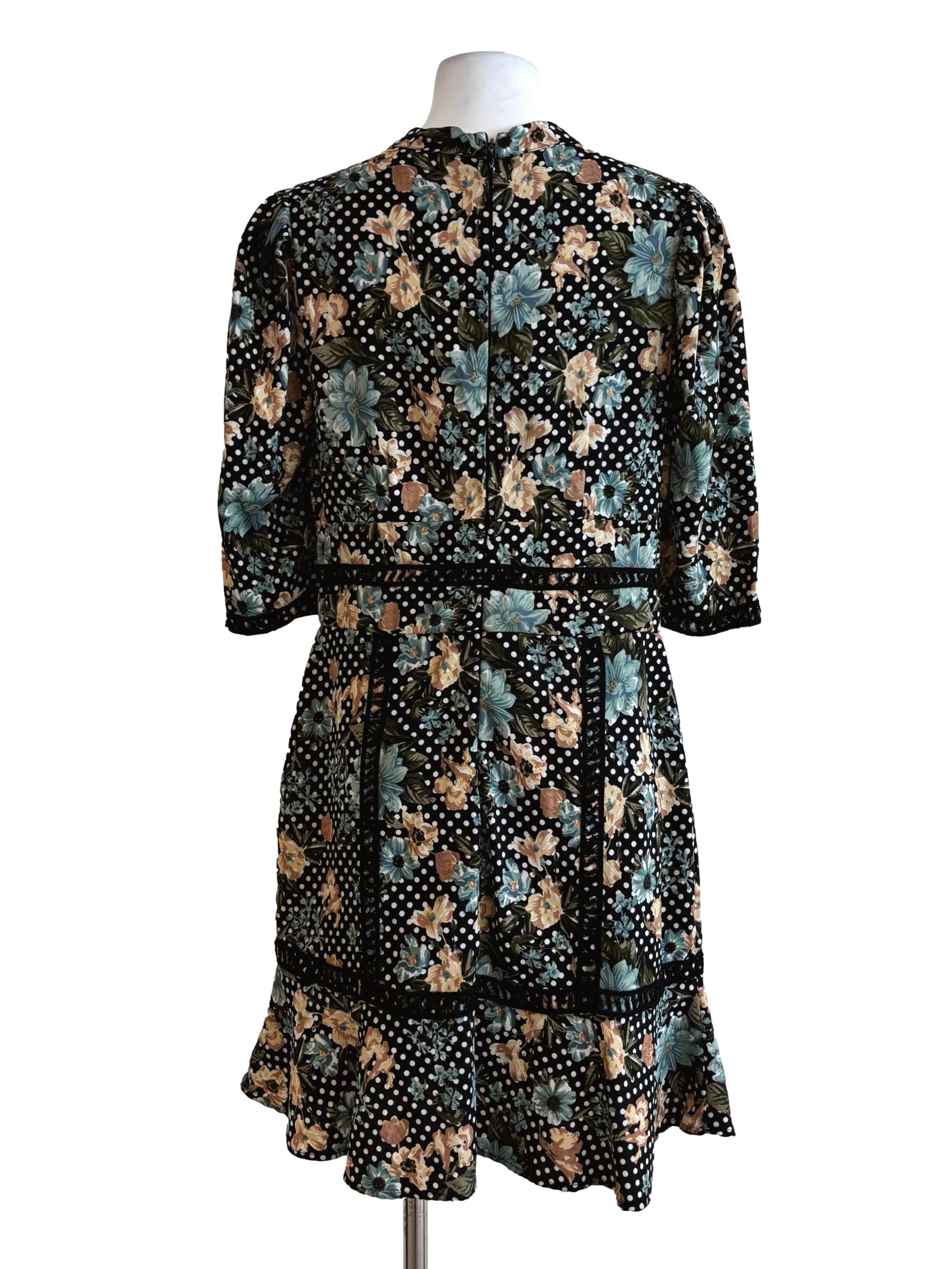 Jet Black Floral Polka Dot Dress