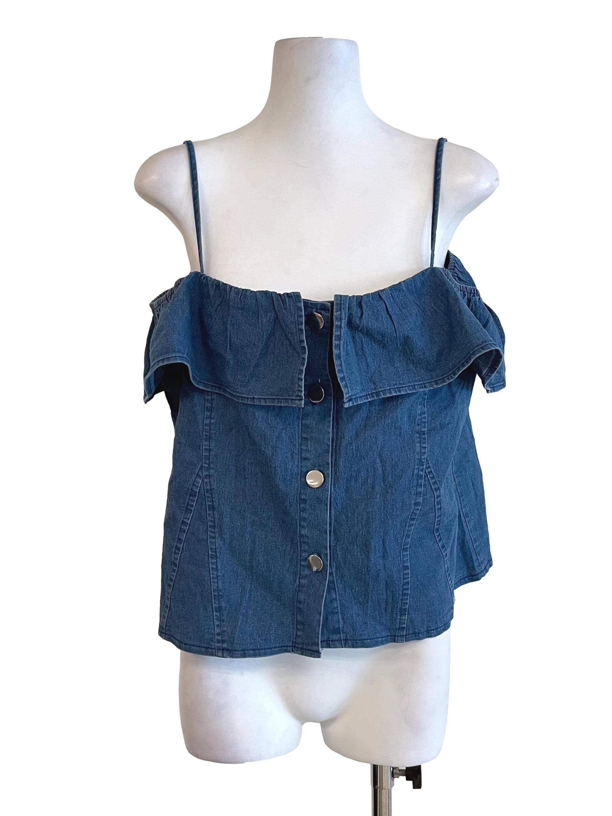 Blue Off Shoulder Denim Petite Top