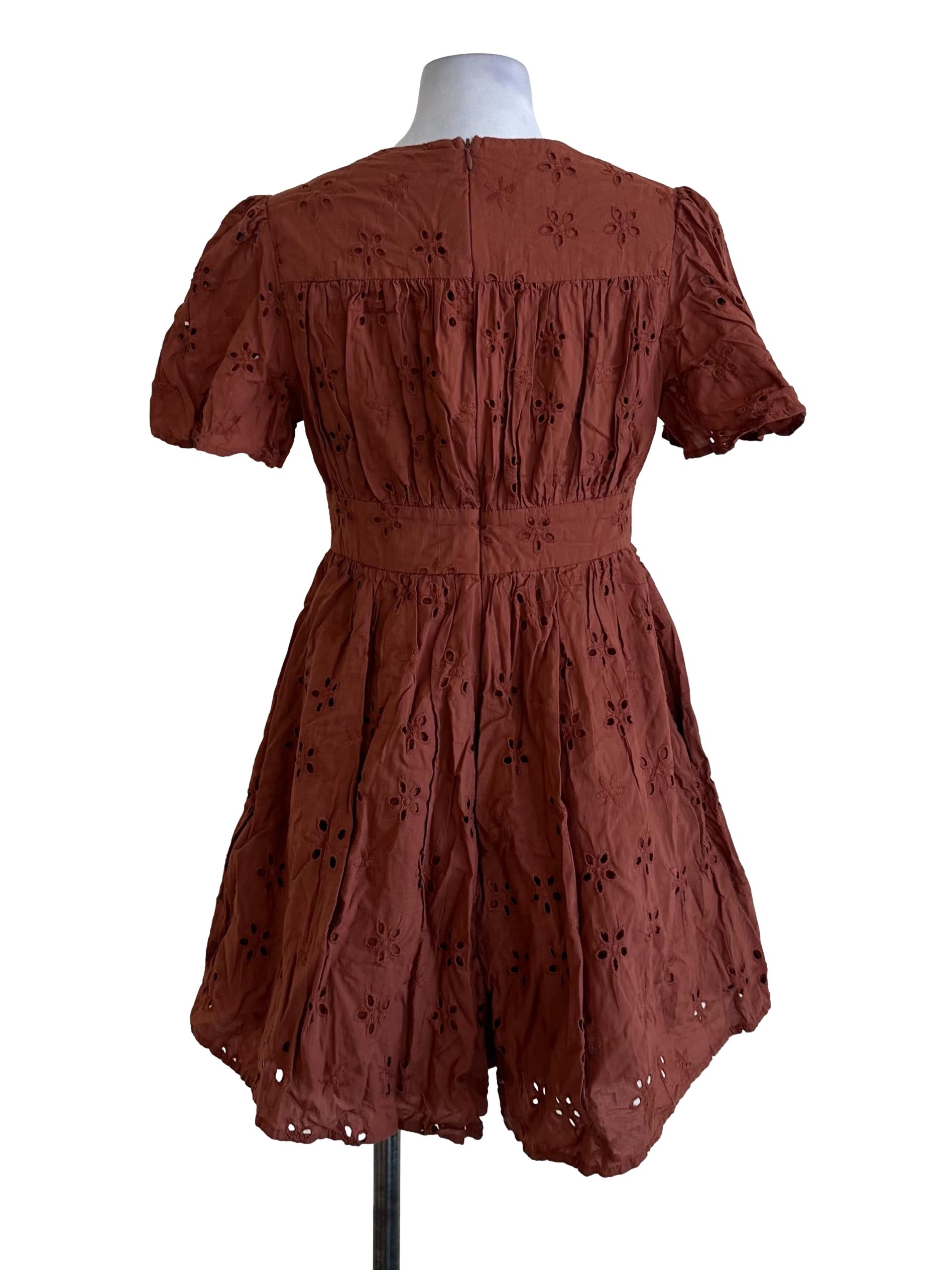 Rich Brown Eyelet Embroidery V Neck Rompers