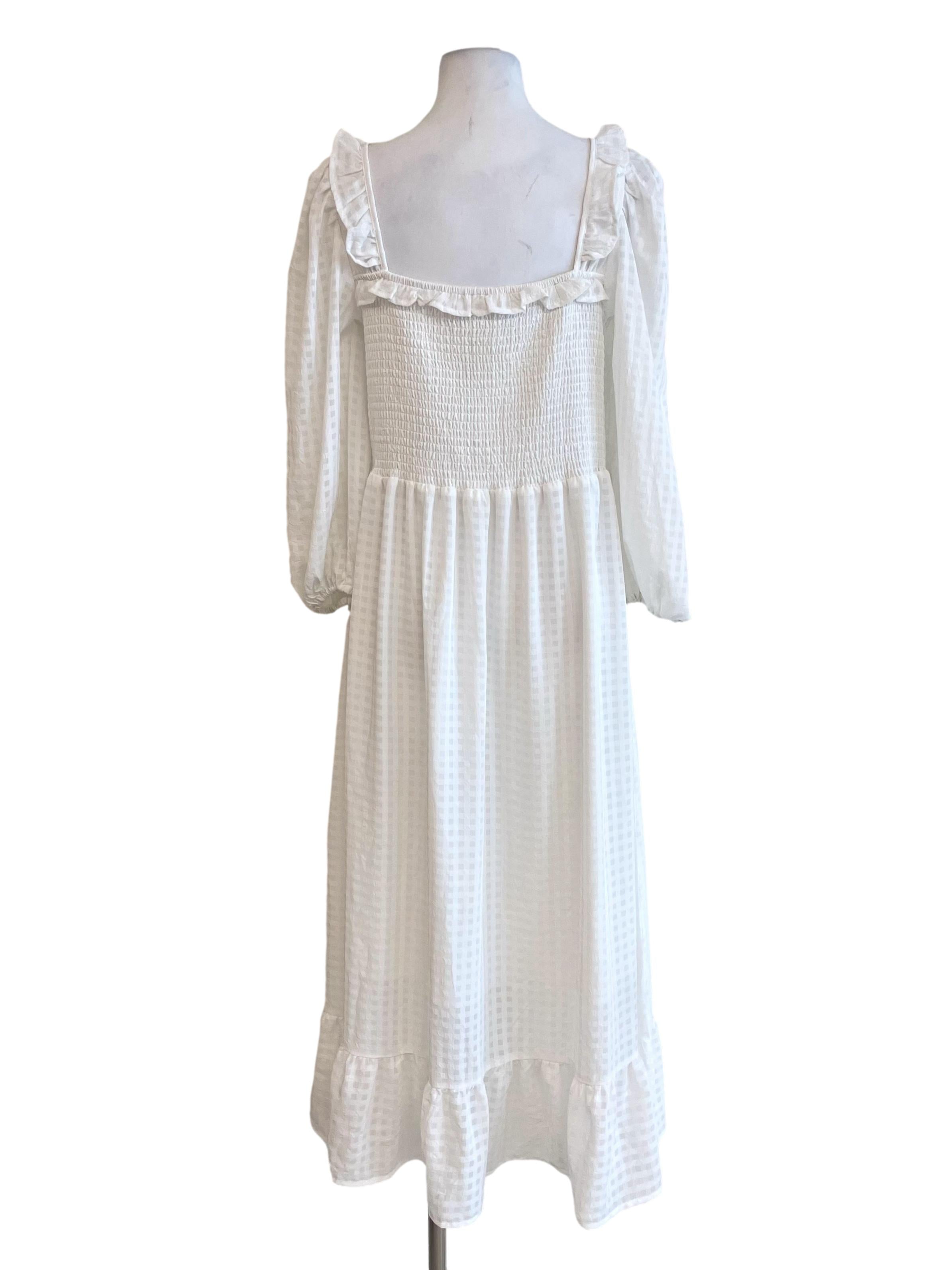 White Grid Shirred Dress