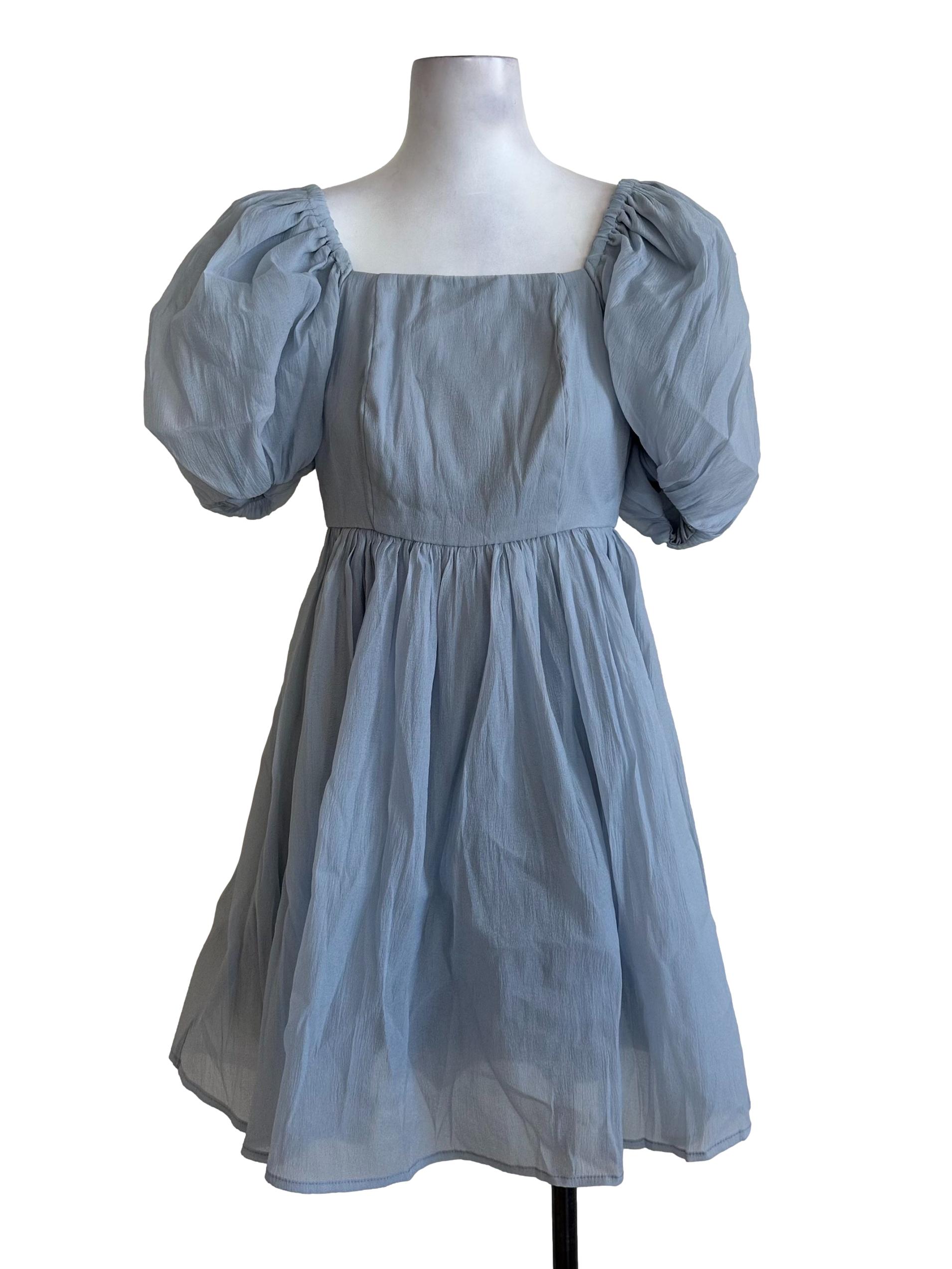 Dusty Blue Textured Puff Sleeve Dress
