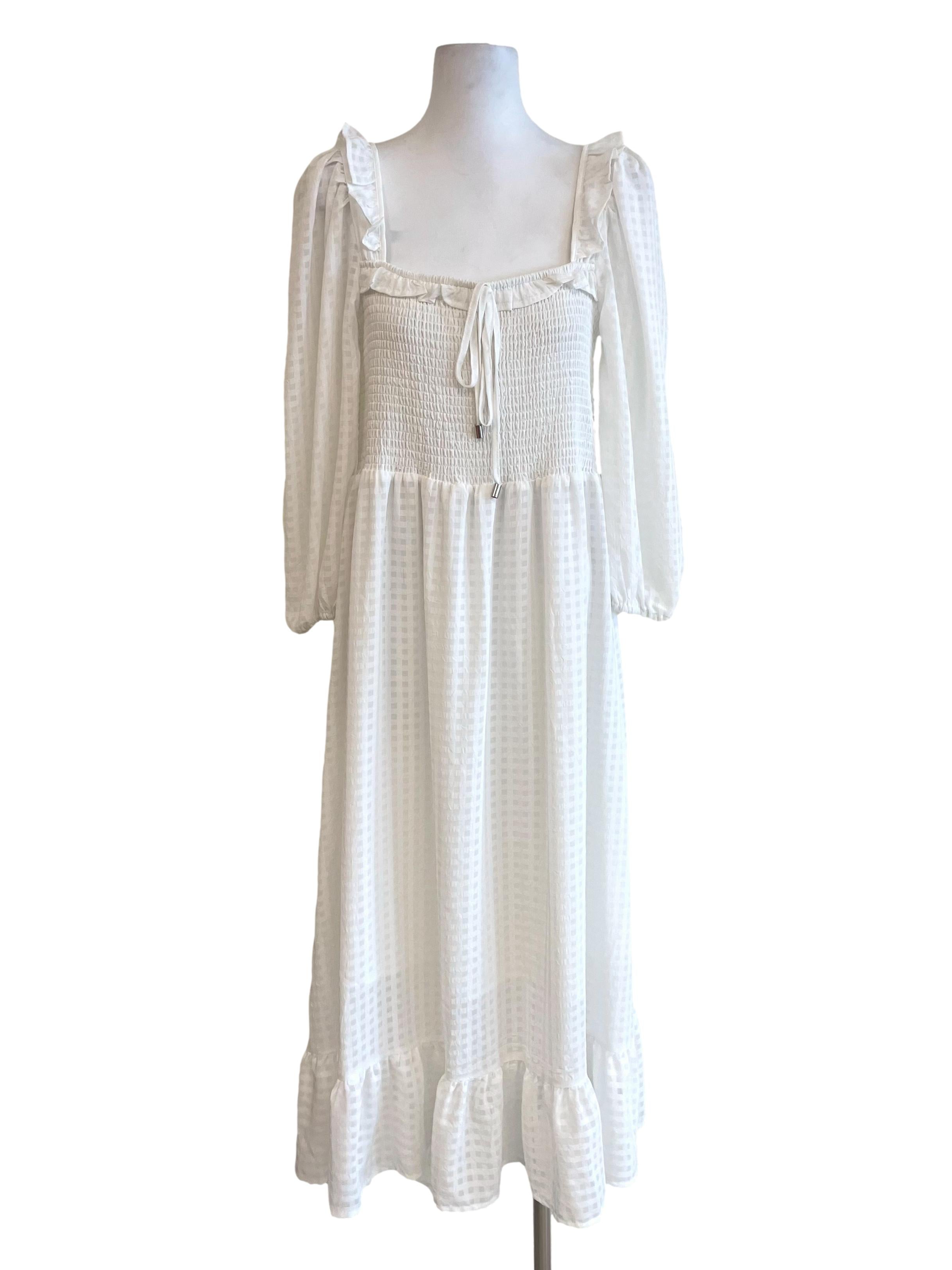 White Grid Shirred Dress