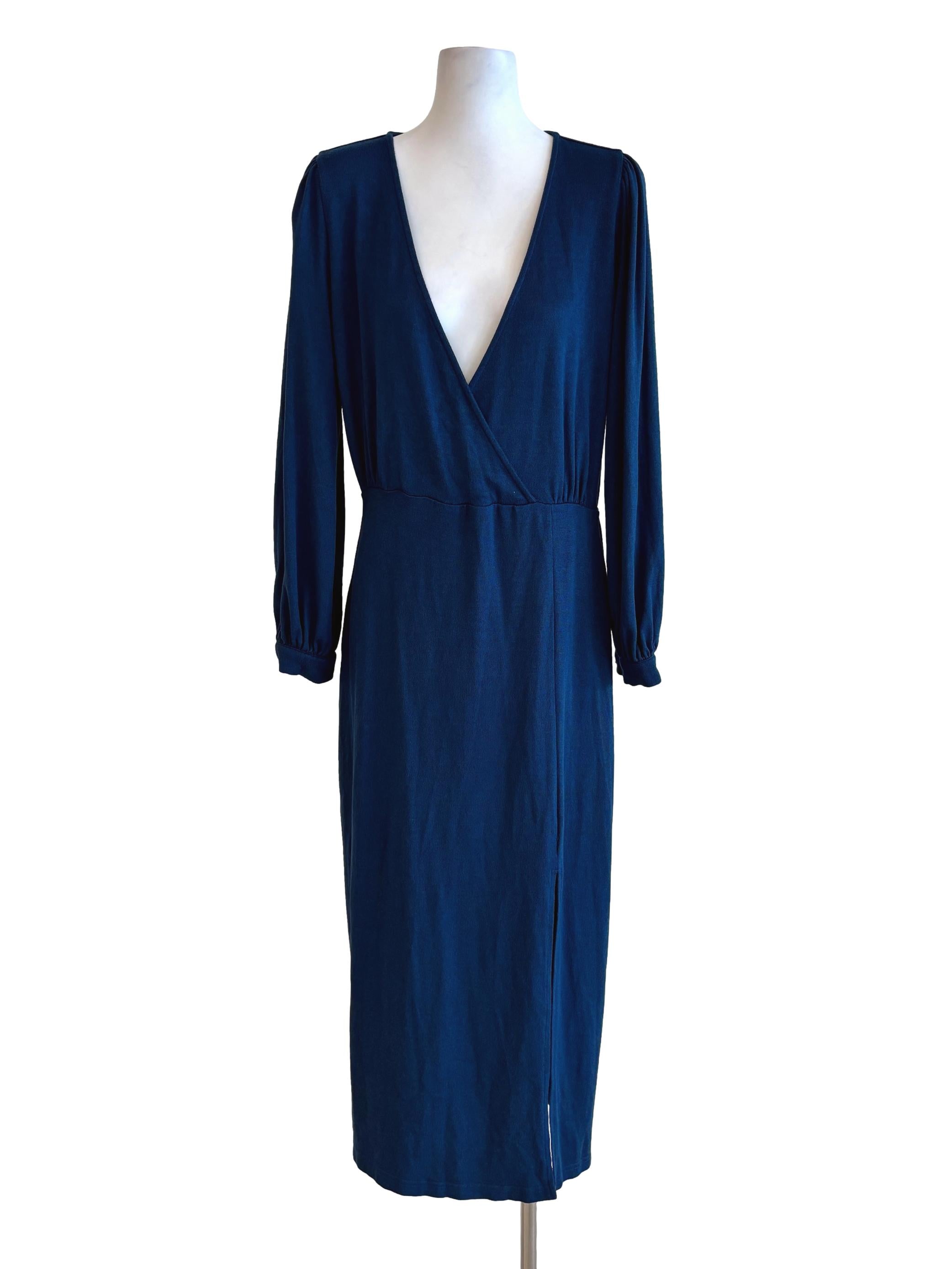 Cerulean Blue Long Sleeve Surplice Dress