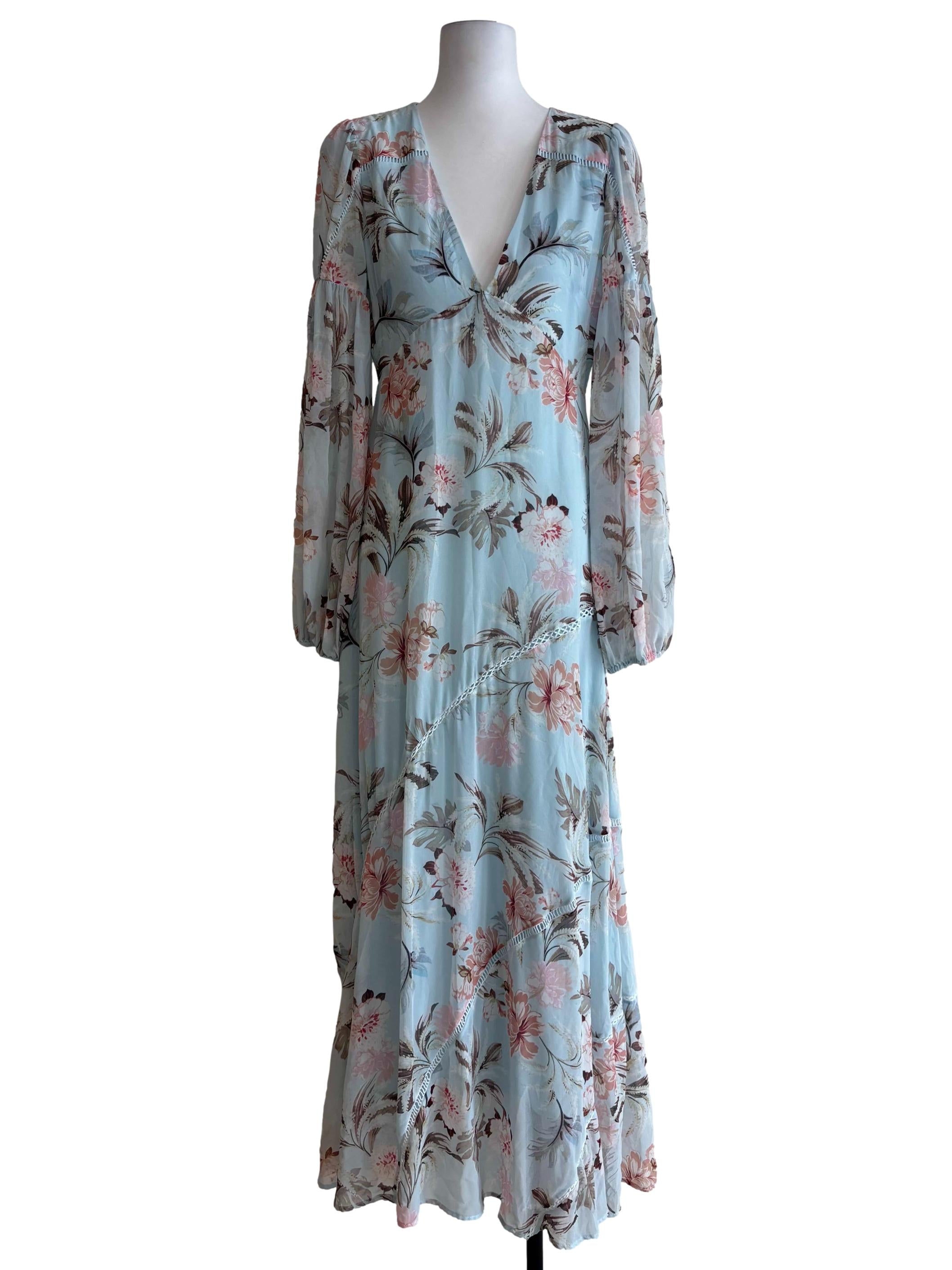 Sky Blue Long Sleeve Floral Dress