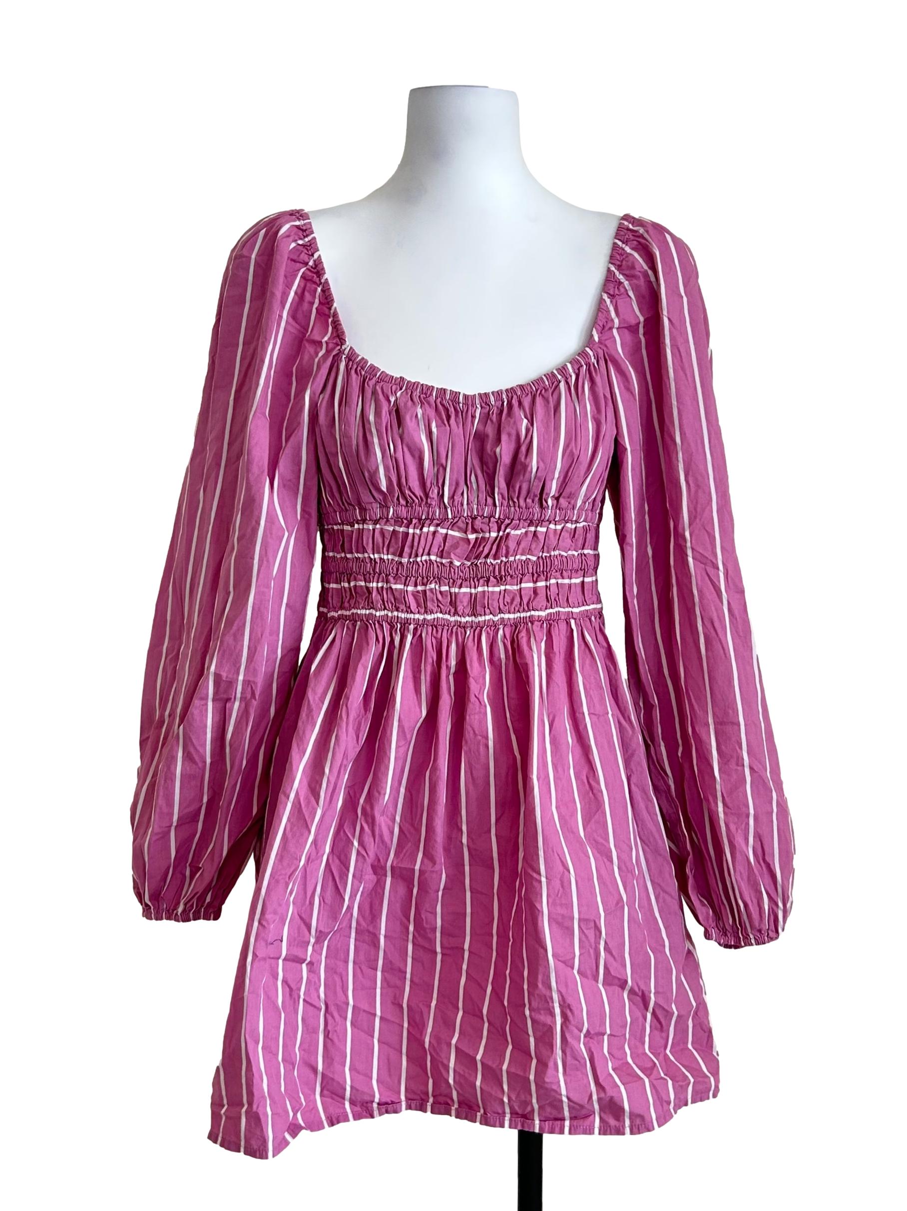 Pink Smocked Striped Mini Dress