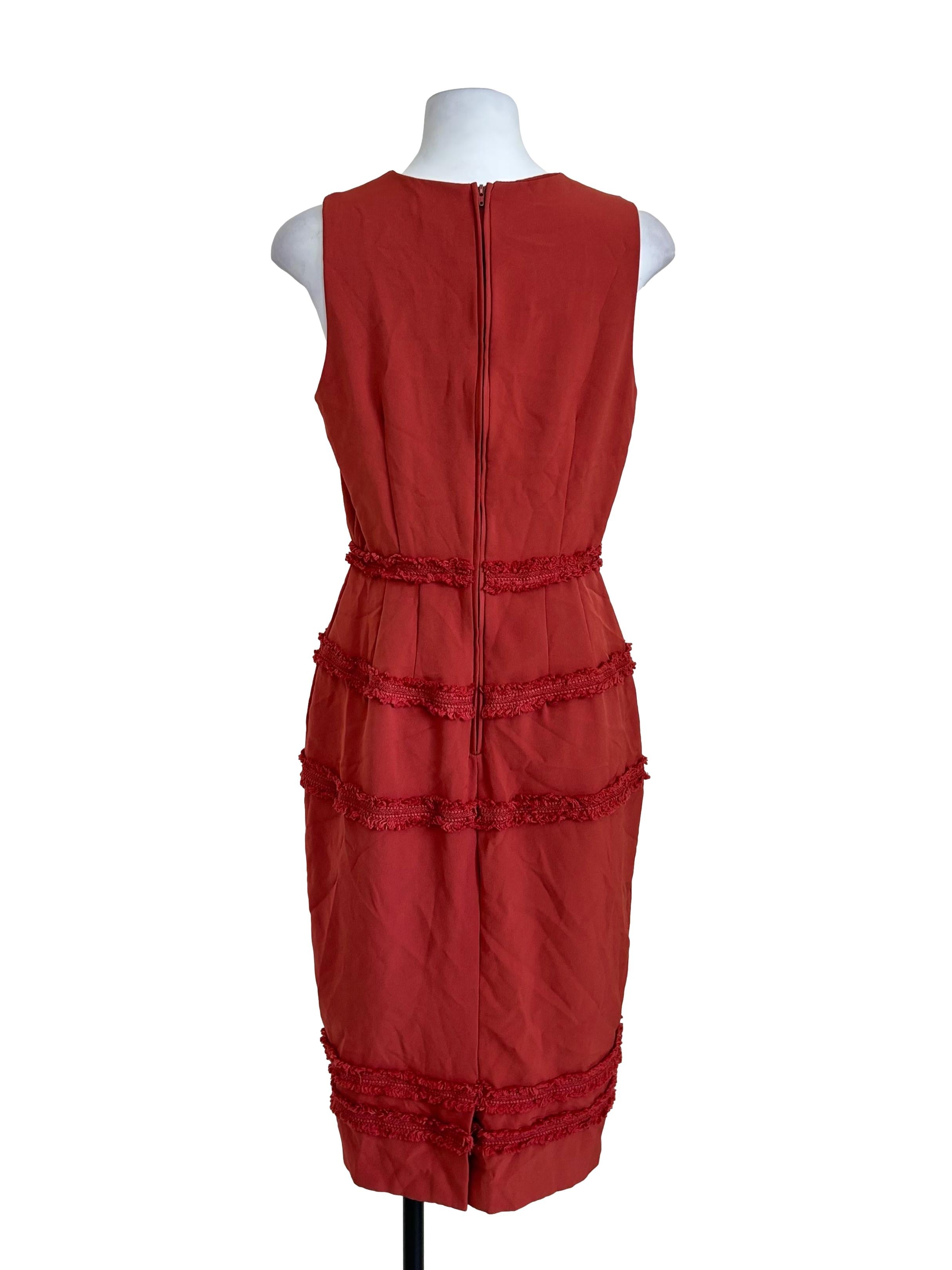 Brick Red Sleeveless Fringe Trim Dress