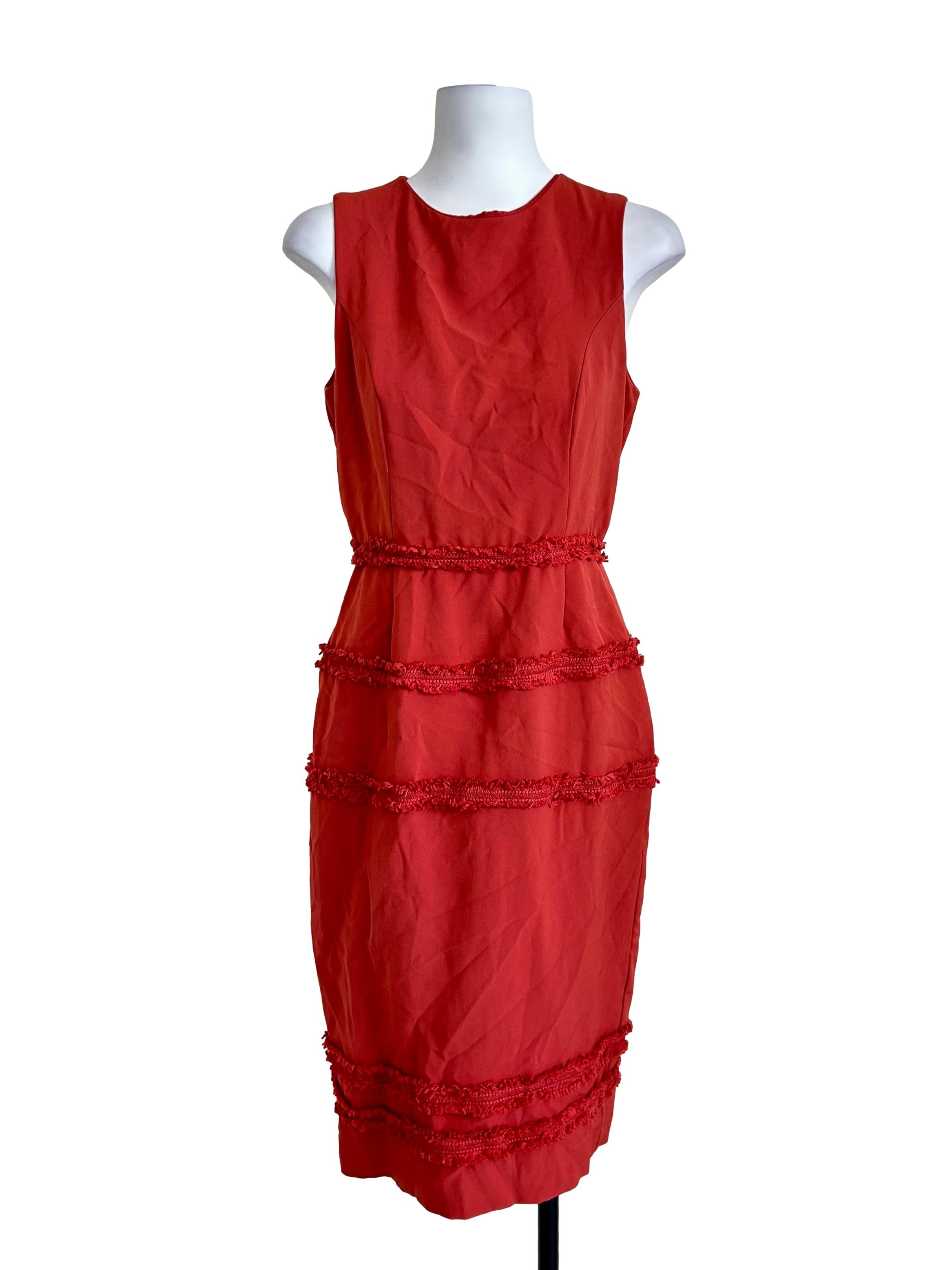 Brick Red Sleeveless Fringe Trim Dress