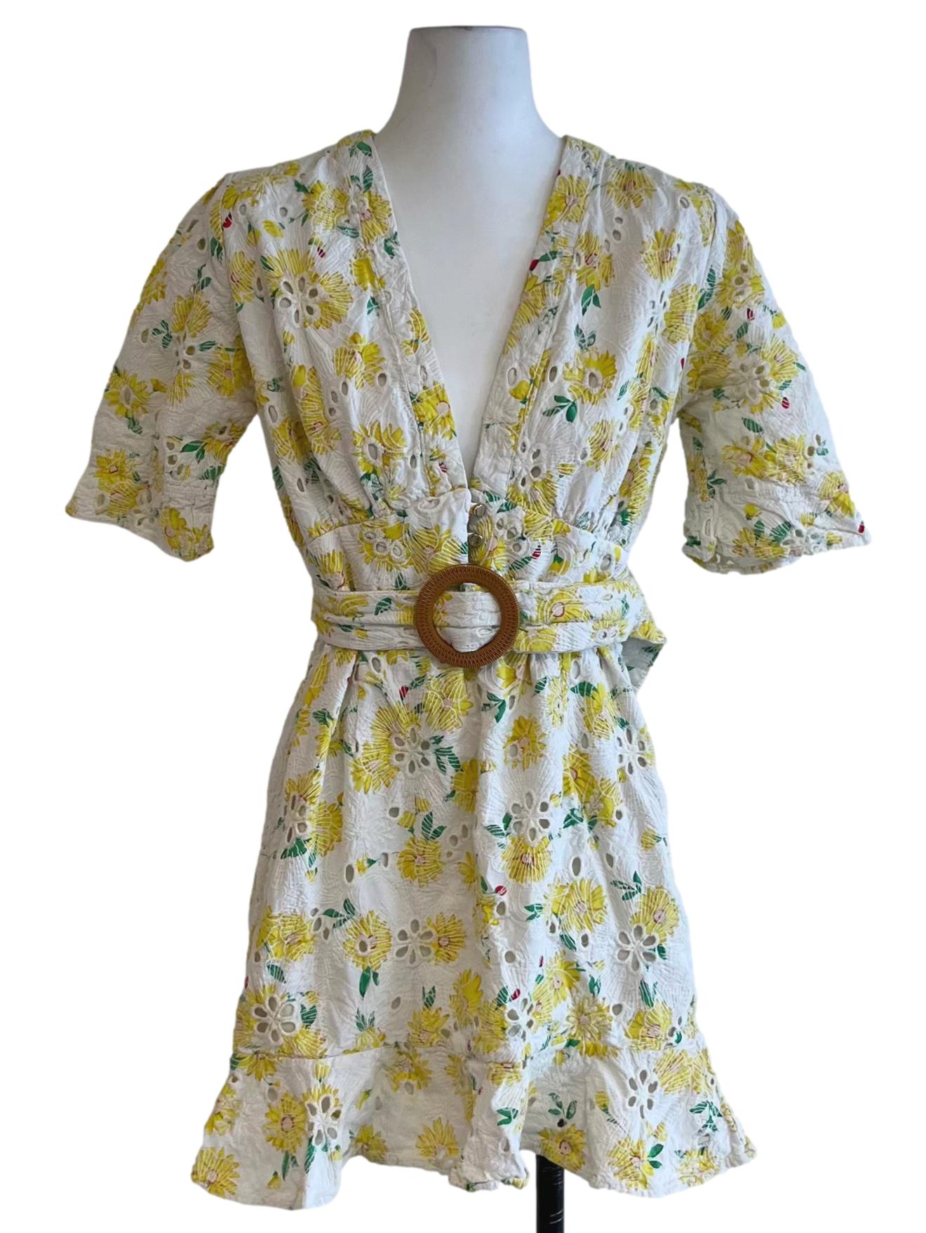 White Birdseye Floral Empire Dress
