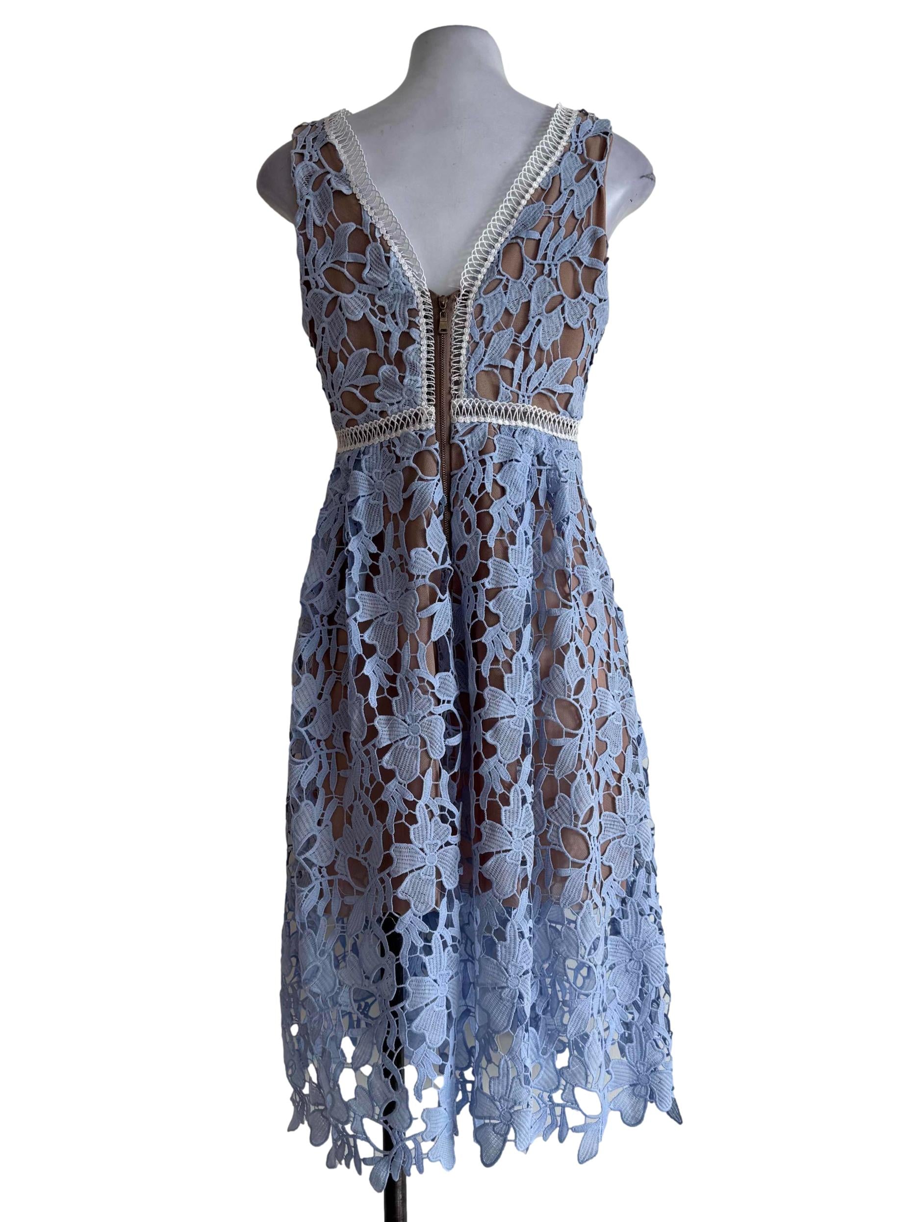 Baby Blue Lace With Nude Brown Lining V Neck Dress