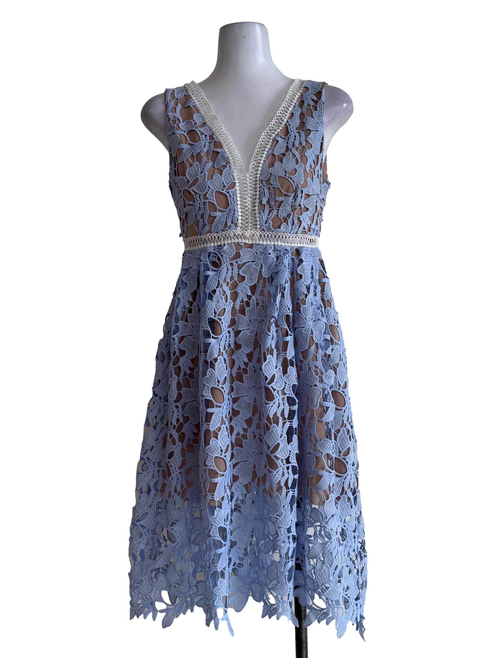 Baby Blue Lace With Nude Brown Lining V Neck Dress